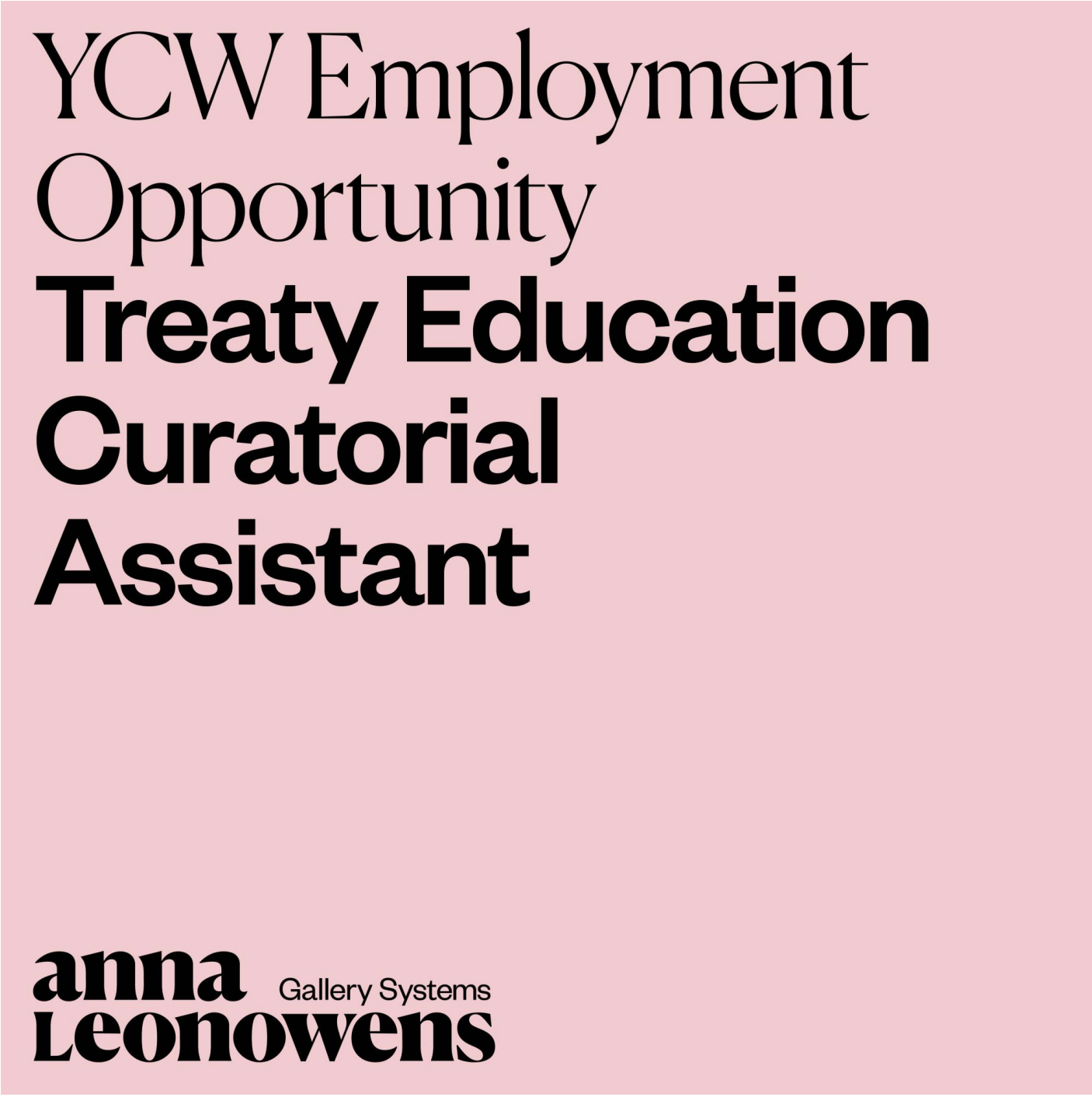 pink background with text reading "YCW employment opportunity, treaty education curatorial assistant"