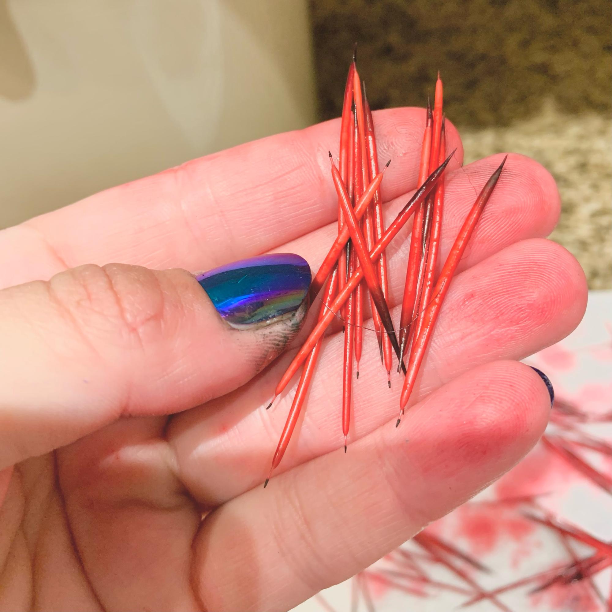 [ID: Hand with blue nail polish holding freshly dyed red porcupine quills. Other red quills are drying on a paper towel in the background."]