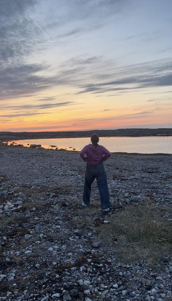photograph of Delaine walking across rocky beach towards the water at dusk at sunset