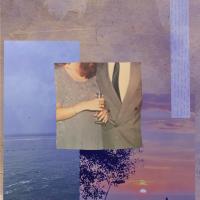 Collage of photographs including the ocean, a sunset, part of a letter and the bodies of a couple dressed in formal wear.