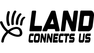 Black text declares Land Connects Us with a sketch of an outstretched palm beside it.