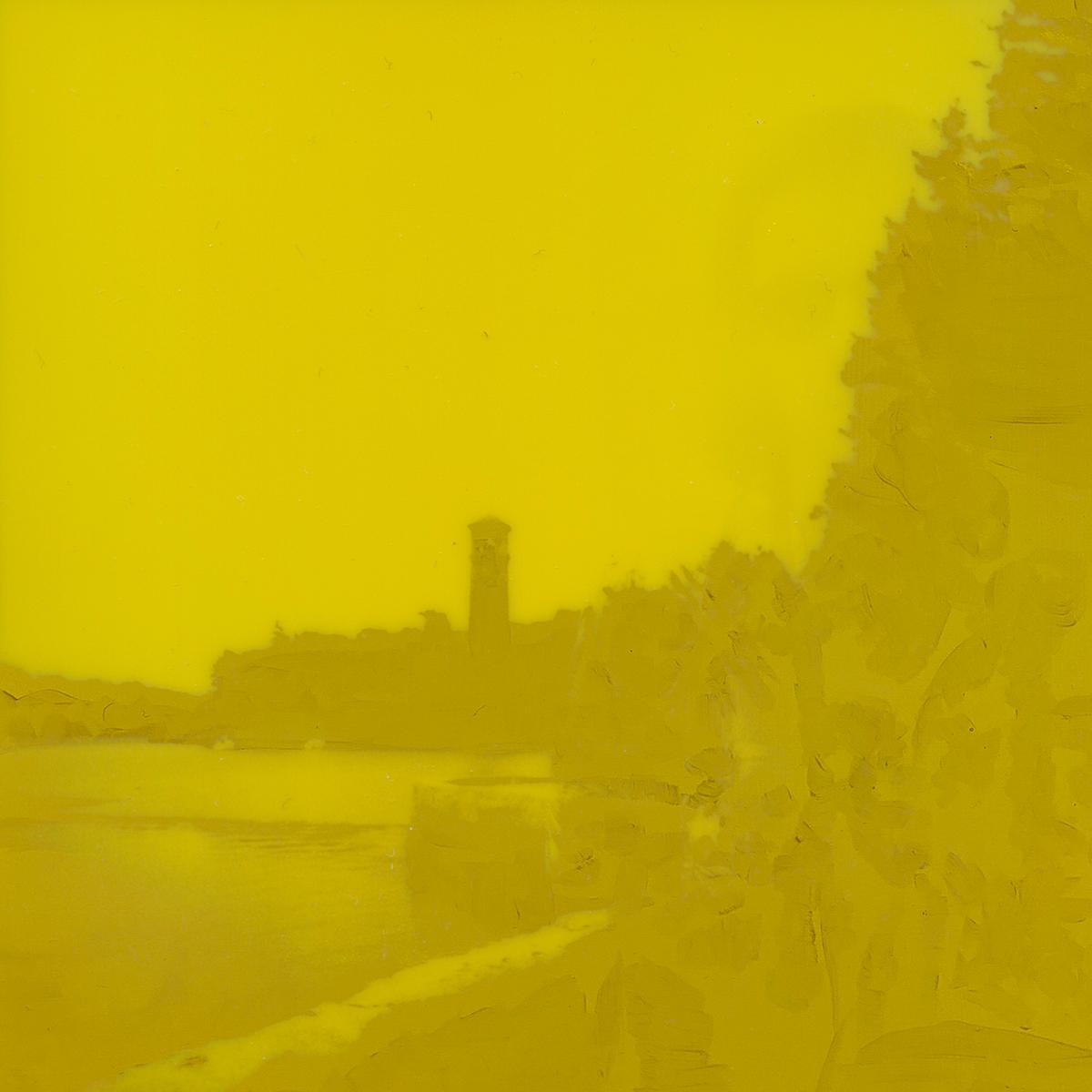 landscape image with view of a river with a tower in the background and foliage along the riverbank with a yellow overlay