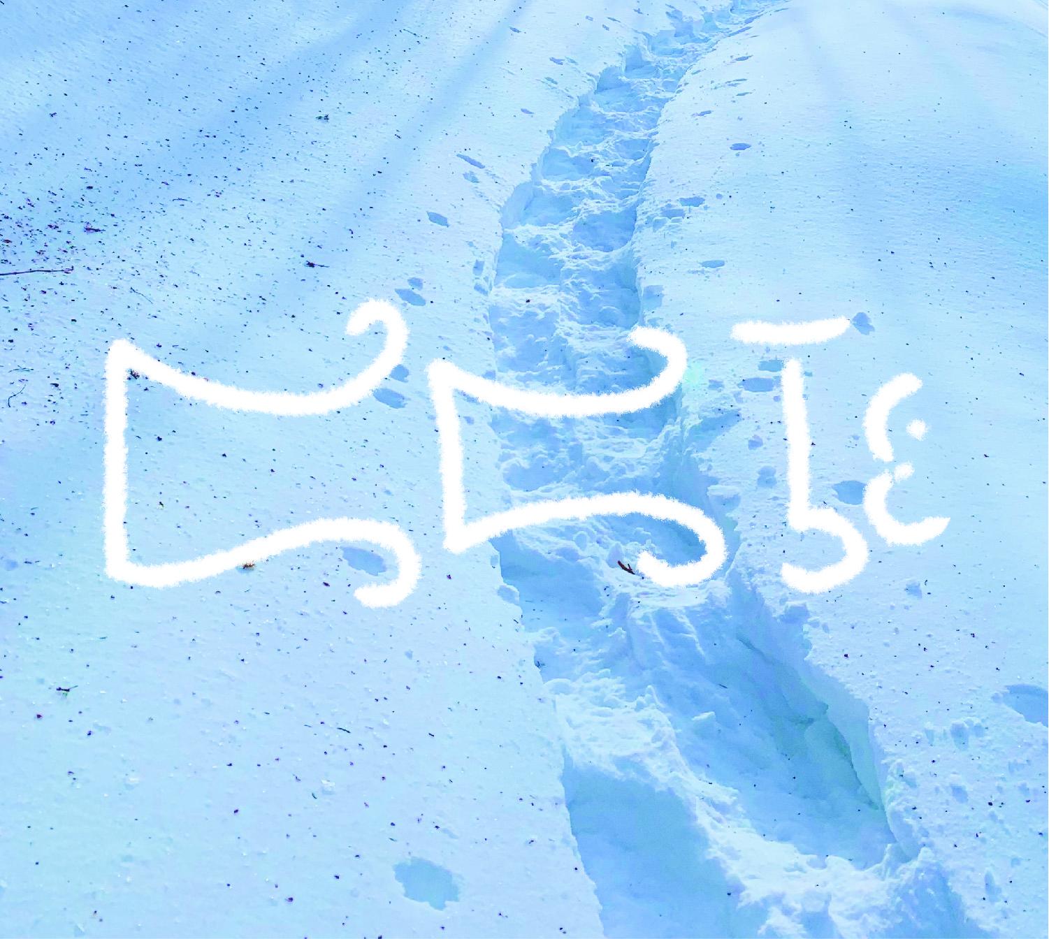 exhibition title in Mi’gmaw on a blue background of tracks in the snow