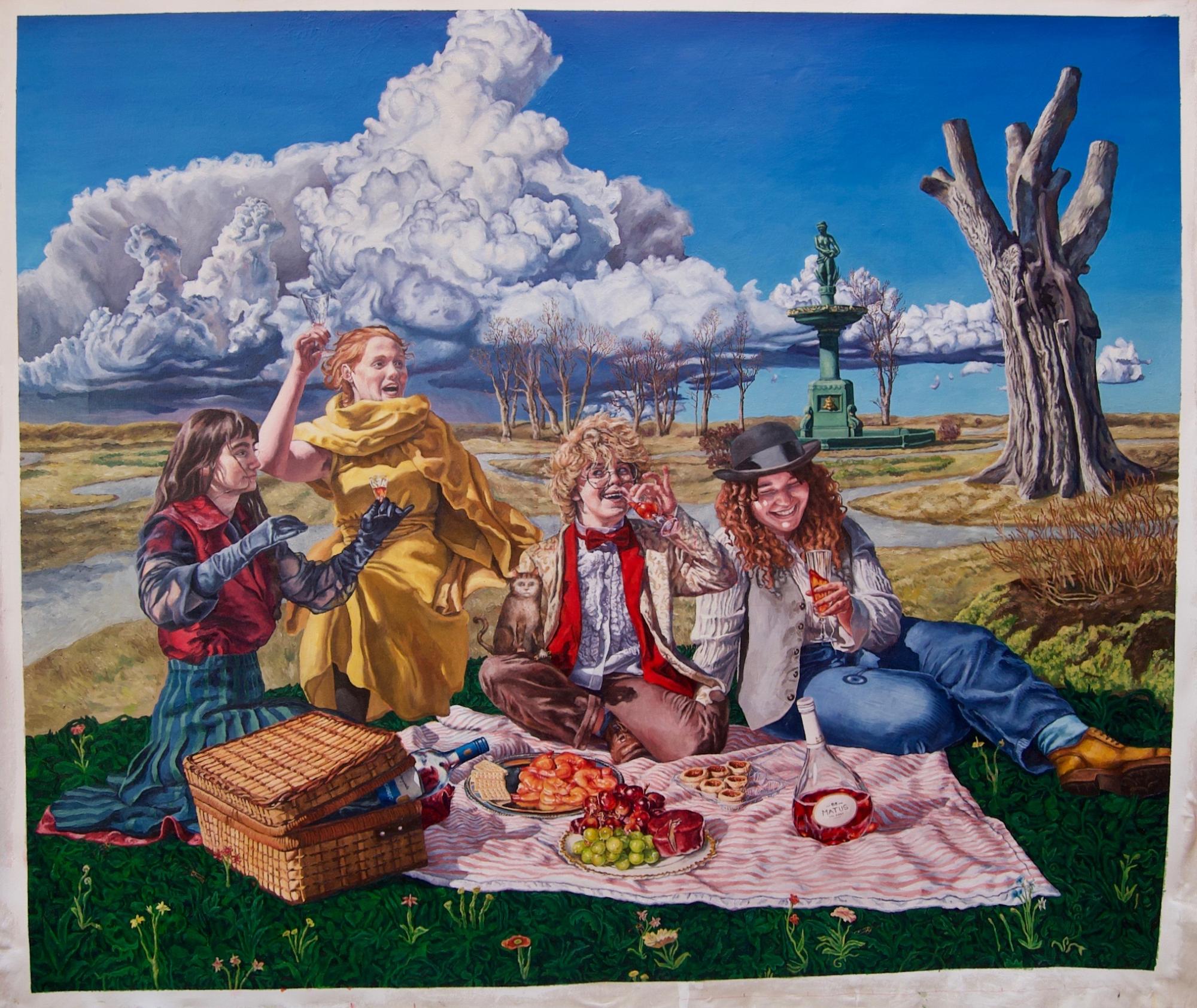 4 Friends are sitting in a surreal landscape having a picnic, eating and lauging