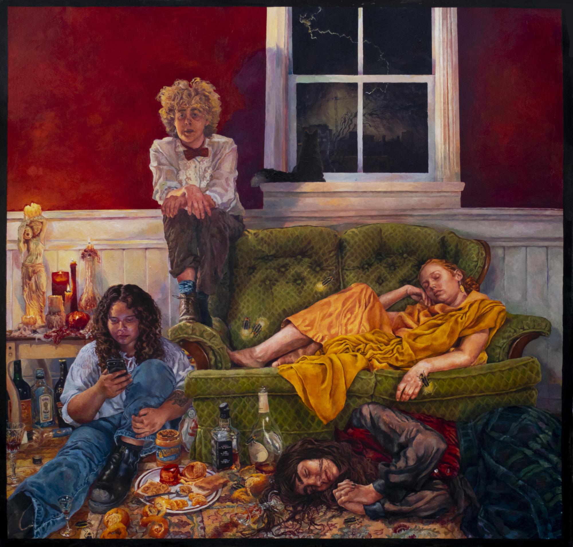 Painting of 4 friends relaxing after a dinner party. Food and drinks are littered through out the image. Two figures are on a couch, two are on the floor. 