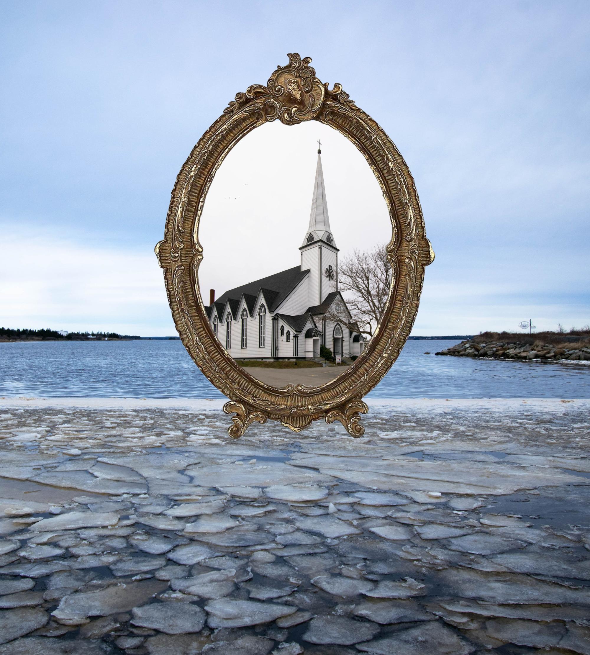 An ornate vintage frame holding the picture of an old church hovers over the icy shoreline as if frozen in time.