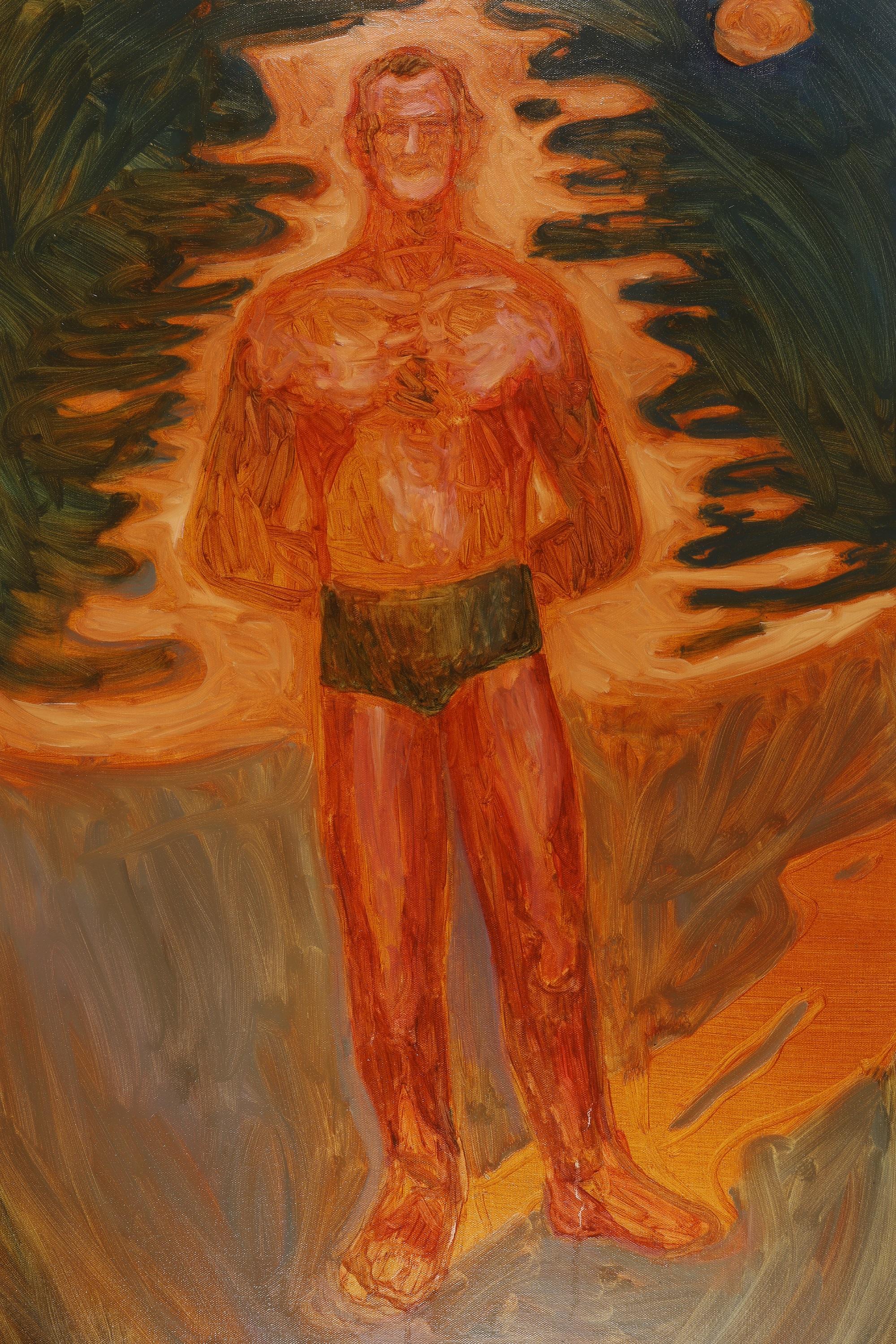 Oil painting of a swimmer, posed with arms folded behind. The painting has a strong shine on it.
