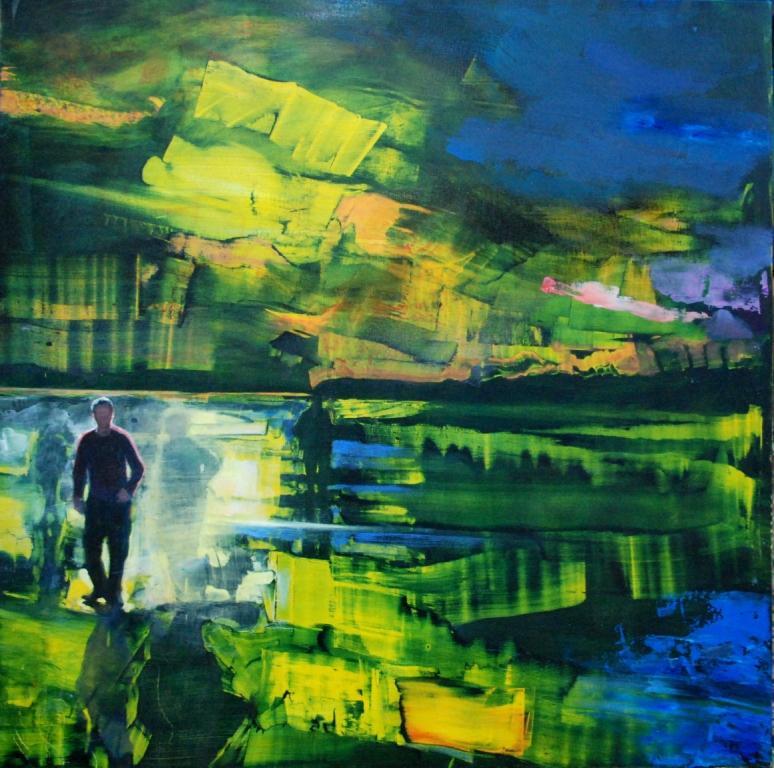 Dark blue, green and neon yellow abstract painting with a person in lower left quadrant. The person is standing face on and has no visible facial features. There is a faint shadow of the figure.