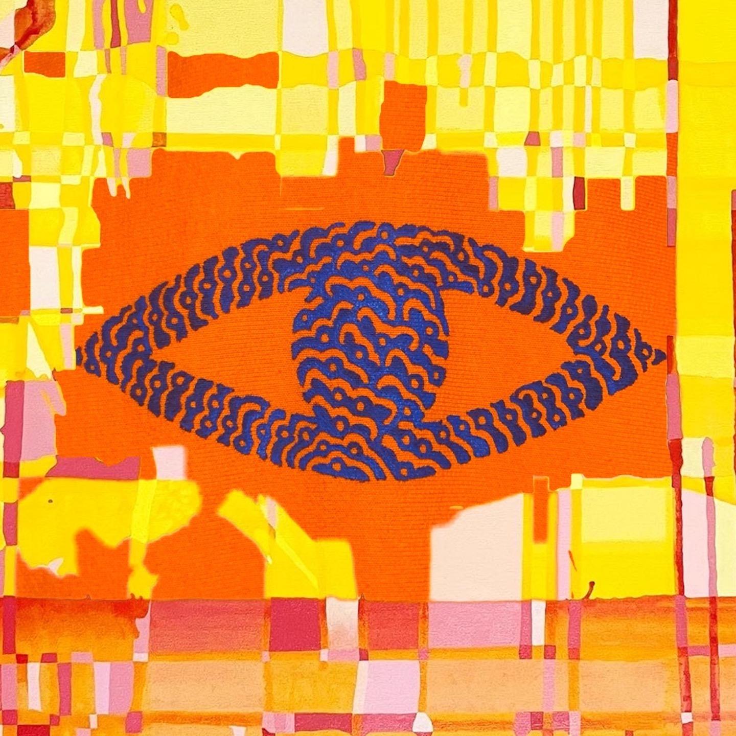 Curving blue fine-line work forming the shape of an eye set against an orange backdrop which is intertwined with a rigid, yet organic checkered grid of yellows, oranges and pinks.