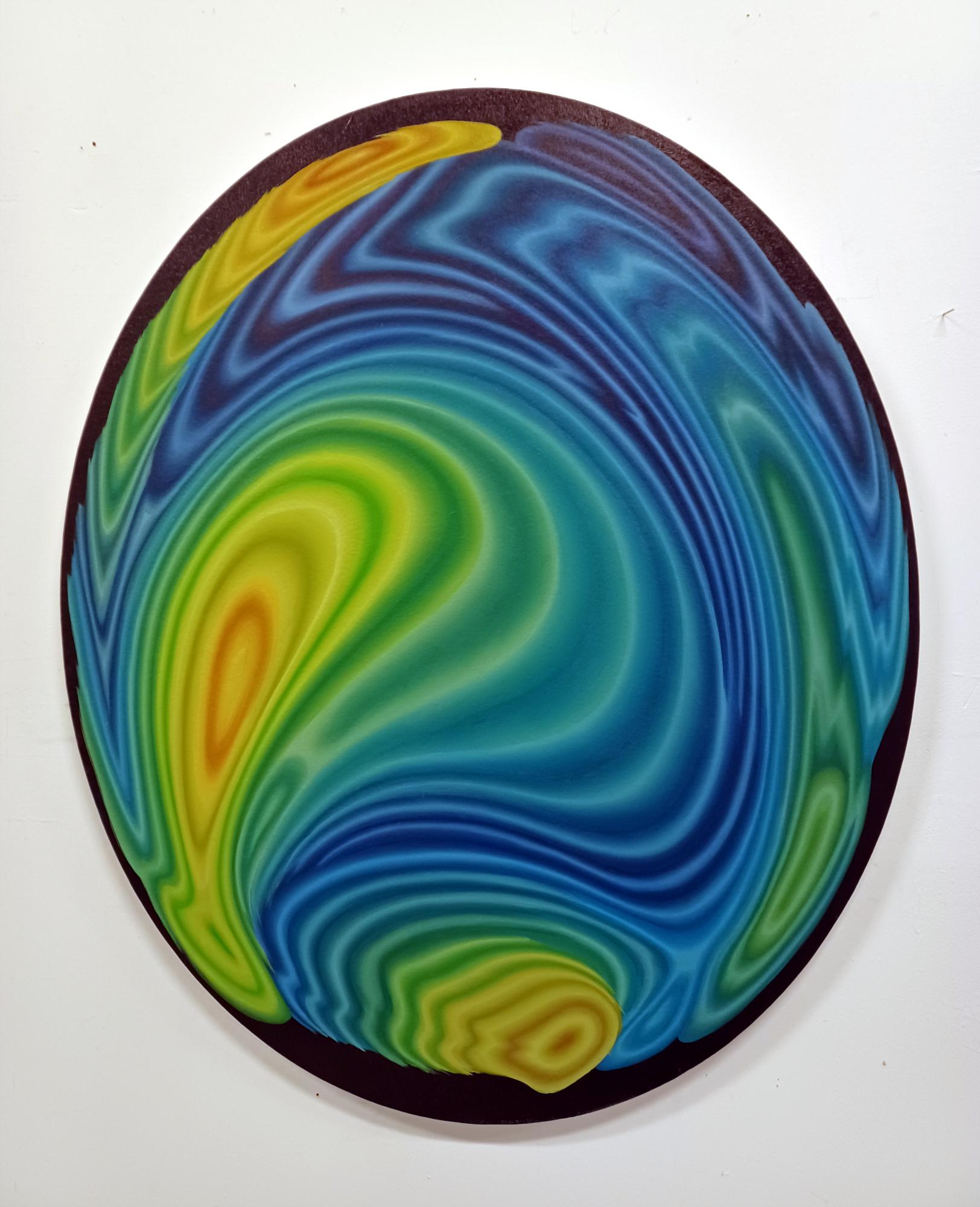 An abstract painting evoking waves, a weather chart or Op art. An optical glass lens used to paint an oval shape canvas.