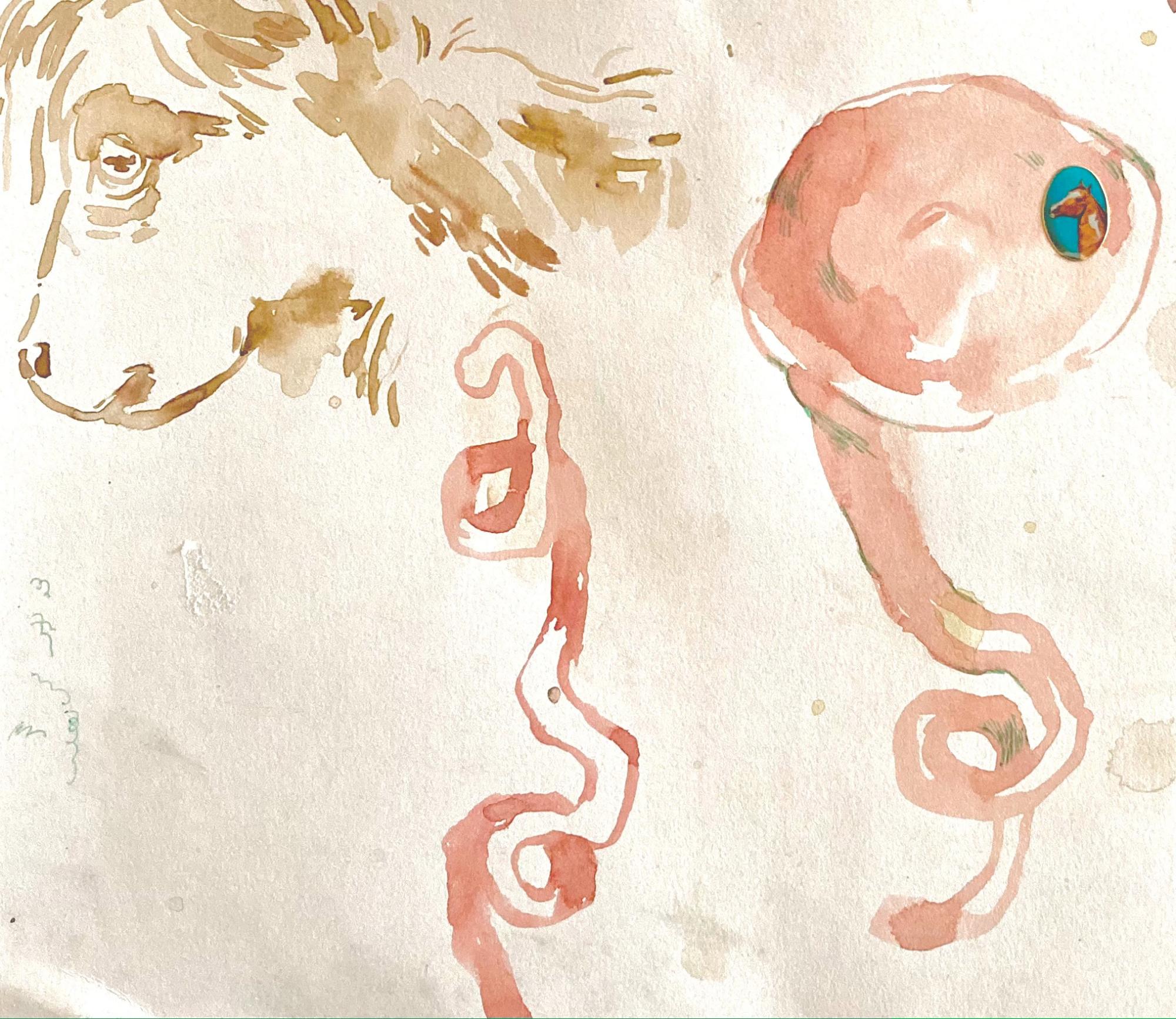 Watercolour drawing. In the top left corner is a horse's head. Underneath is a twisting apple peel reaching towards the head. To the right of the page is an apple with peel hanging down and a sticker of another horse's head on it.