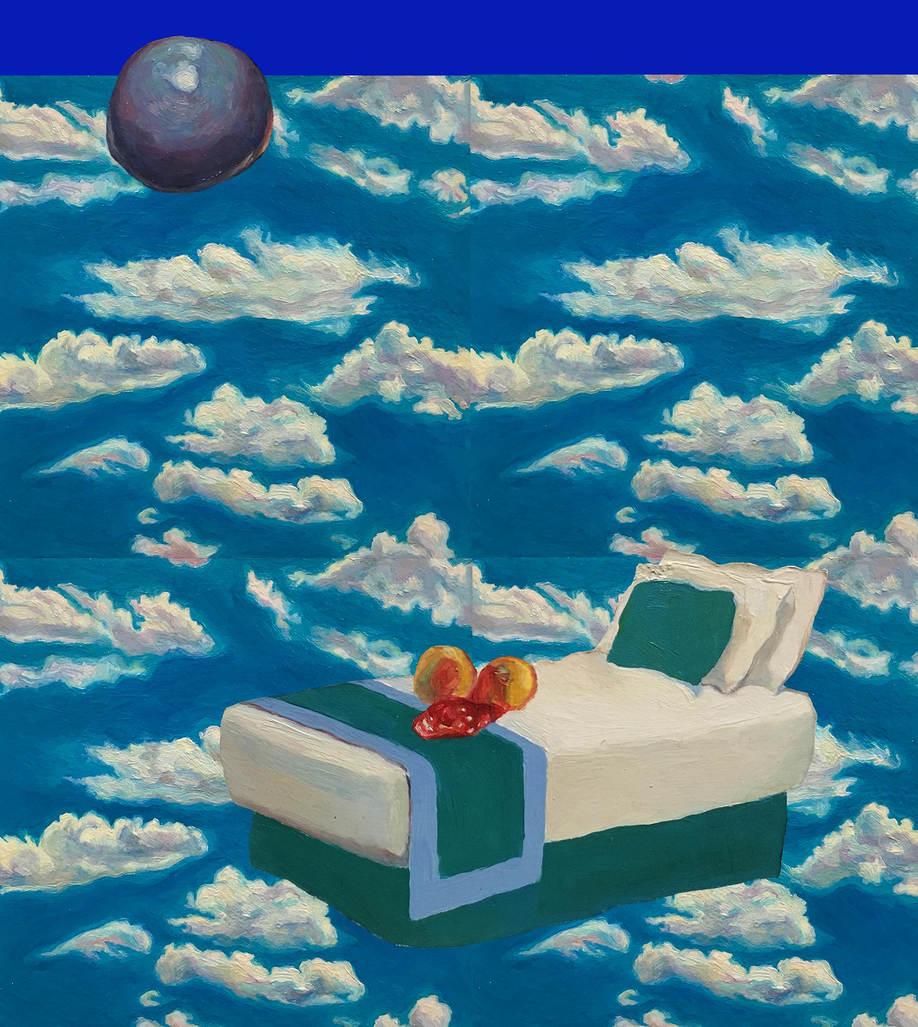 A photographic collage of oil paintings, including a blue orb and a neatly made hotel bed with two medium-dark orange spheres and a red puddle on it, floating in front of a medium-dark blue sky with little white clouds.
