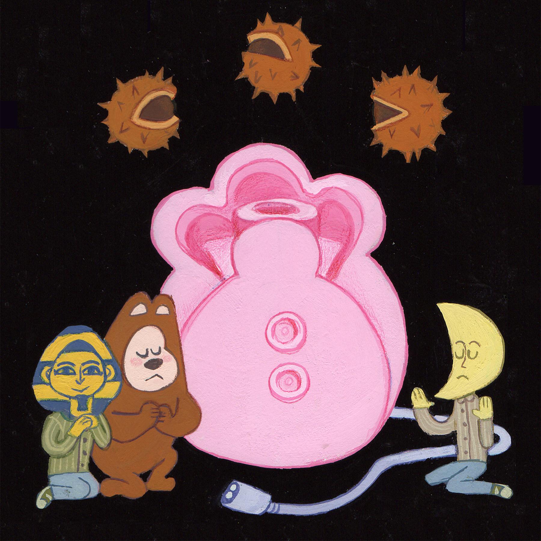 Painting of a cartoon bear, Egyptian Pharaoh, and an anthropomorphic Moon worshipping a rose vibrator.