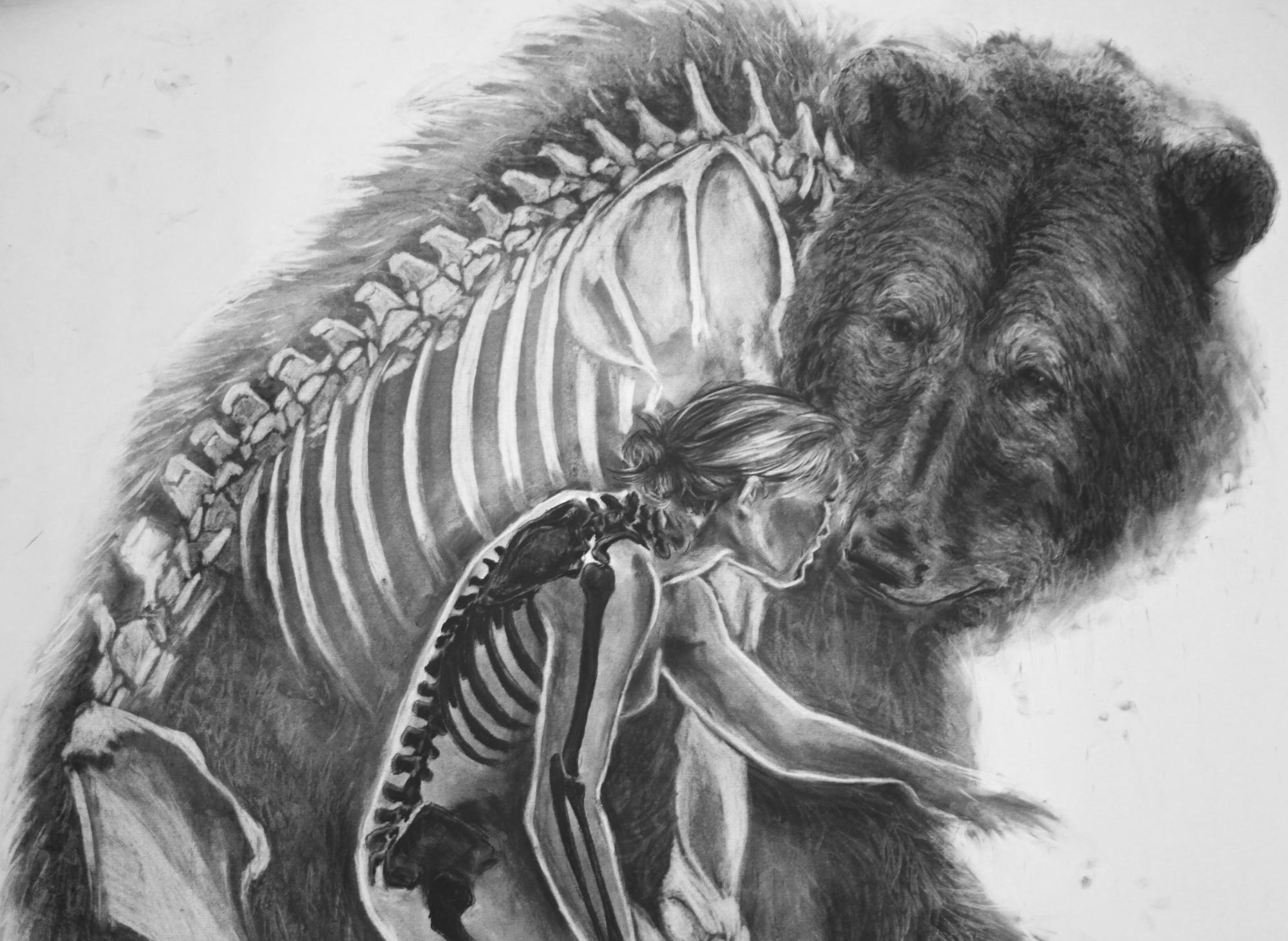 Charcoal drawing. A hunched human figure stands in front of a bear, both facing the side. The bear sits and turns its head towards her. Both have their arms reached out, the human looking at her hand and the bear's paw together. The skeletons of both are visible.