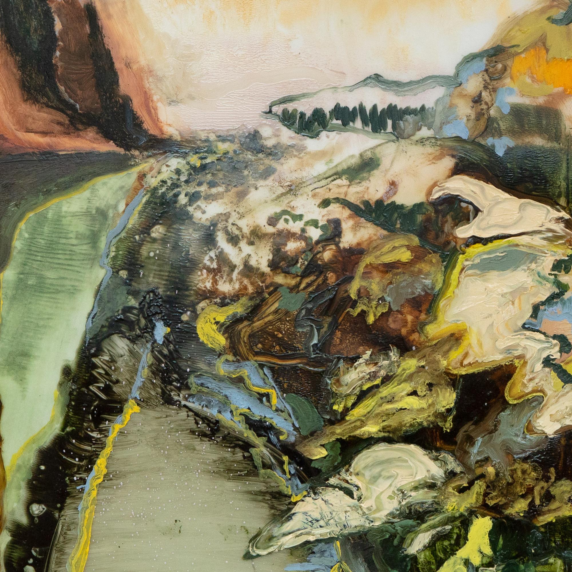 Close-up view of abstracted landscape painting. Colours consist of predominantly darker shades, in blue, green and brown. There are also section of thickly applied paint in yellow and cream.