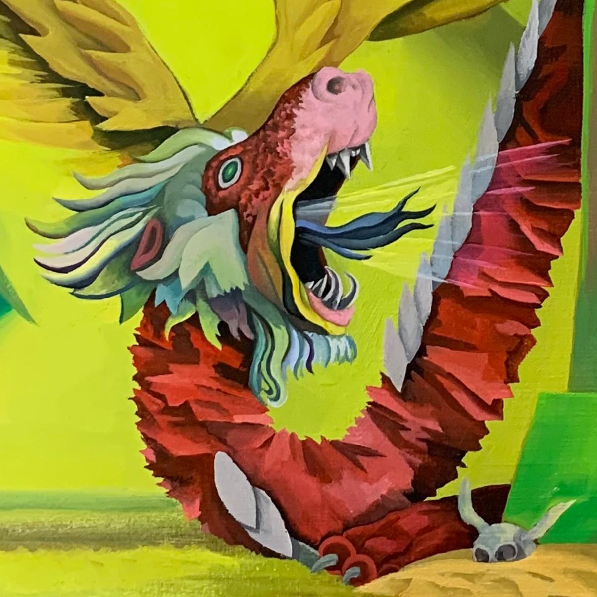 A painted red dragon with its mouth open, yellow background.