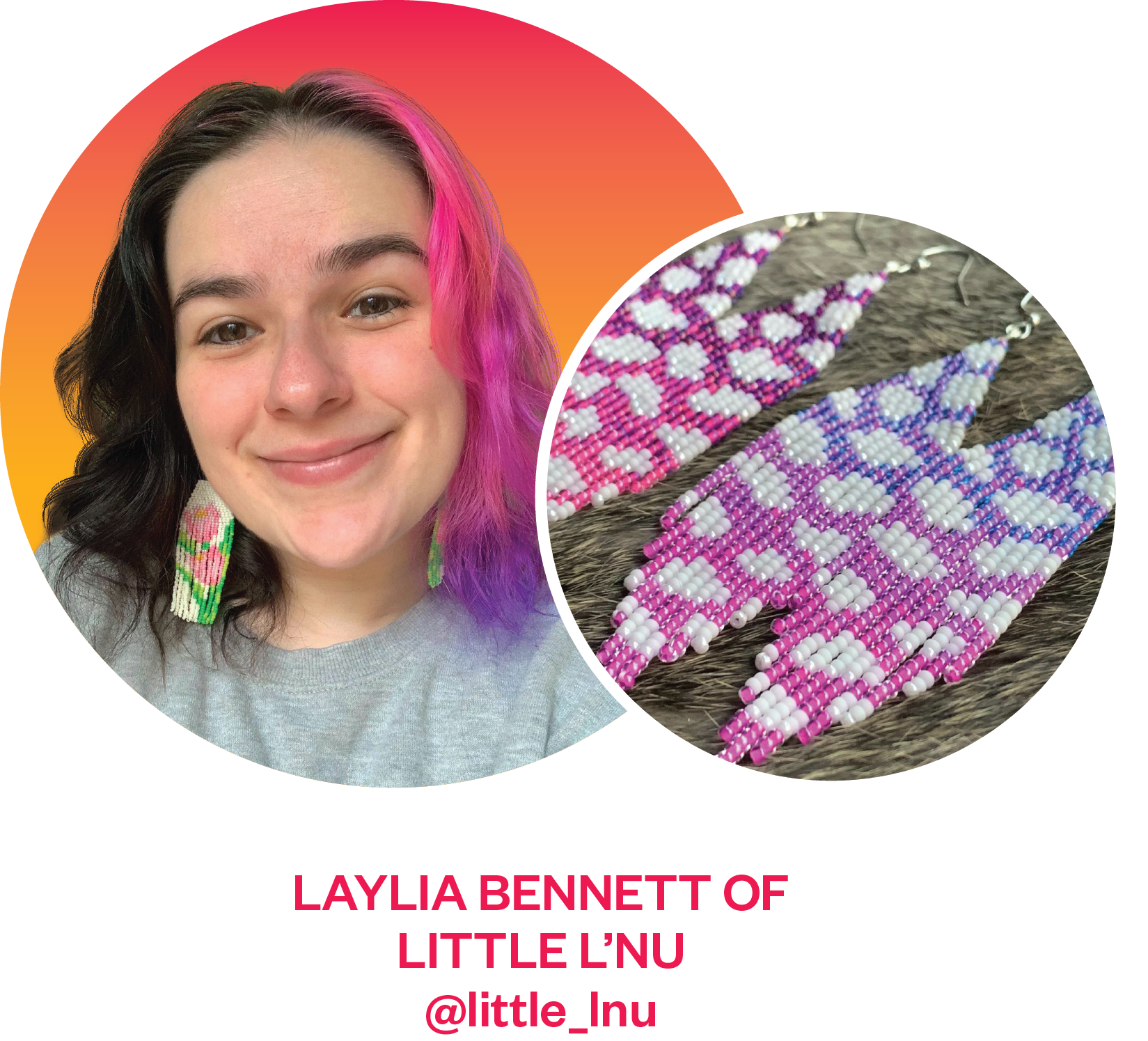 Circular image of Laylia smiling with pink and orange background overlapped by circular image of their cloud design beaded fringe earrings