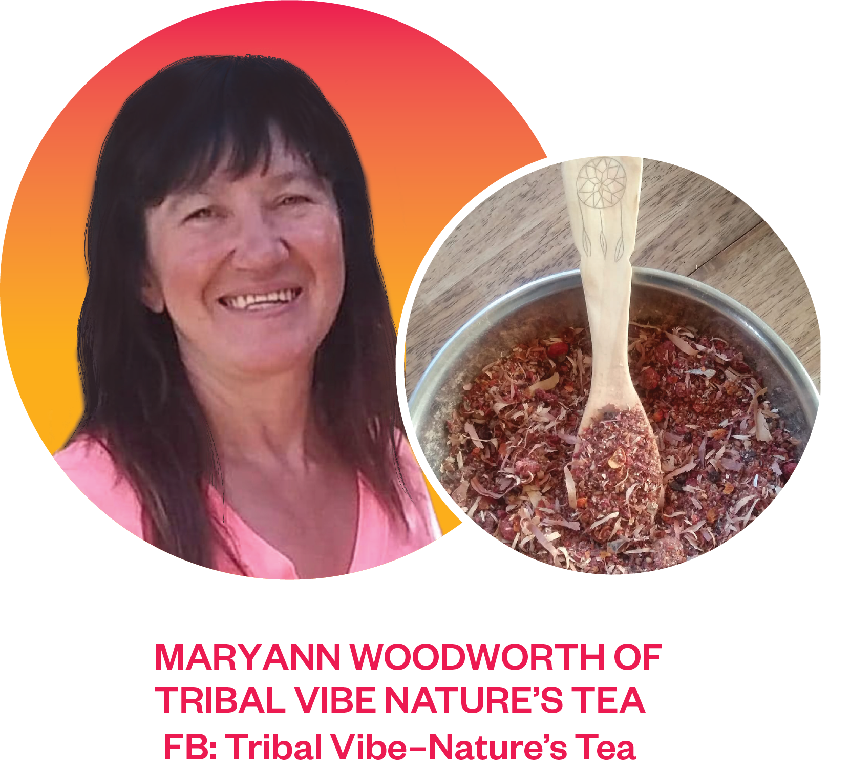 Circular image of Maryann smiling with pink and orange background overlapped by circular image of her hand-harvested dried tea blend