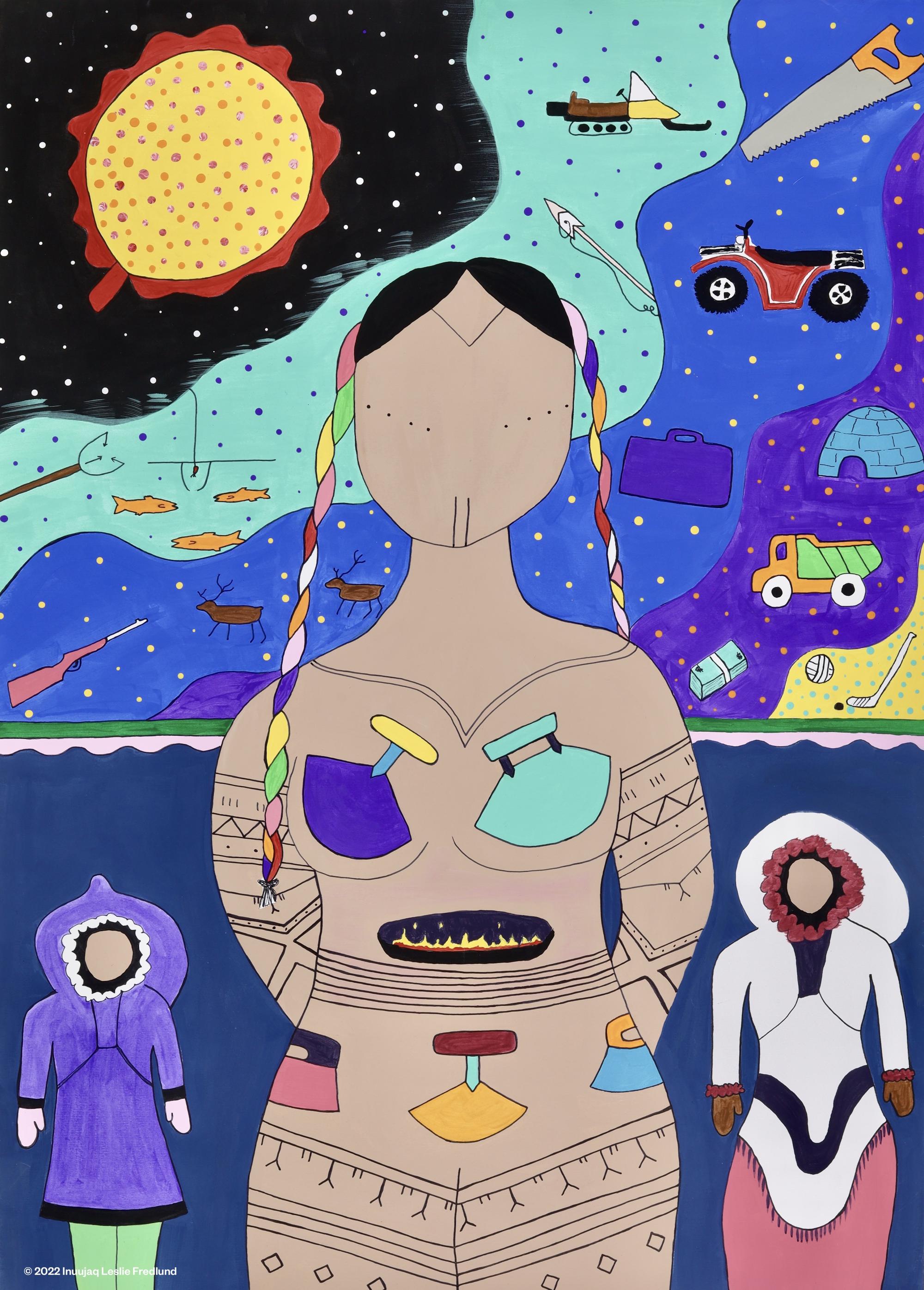 Acyrlic on paper of 3 figures in the foreground wearing and displaying various Inuit symbols and items such as uluit and amautiit. The sky in the background is black, teal, blue, purple and yellow with illustrations like a 4-wheeler, igloo, and saw