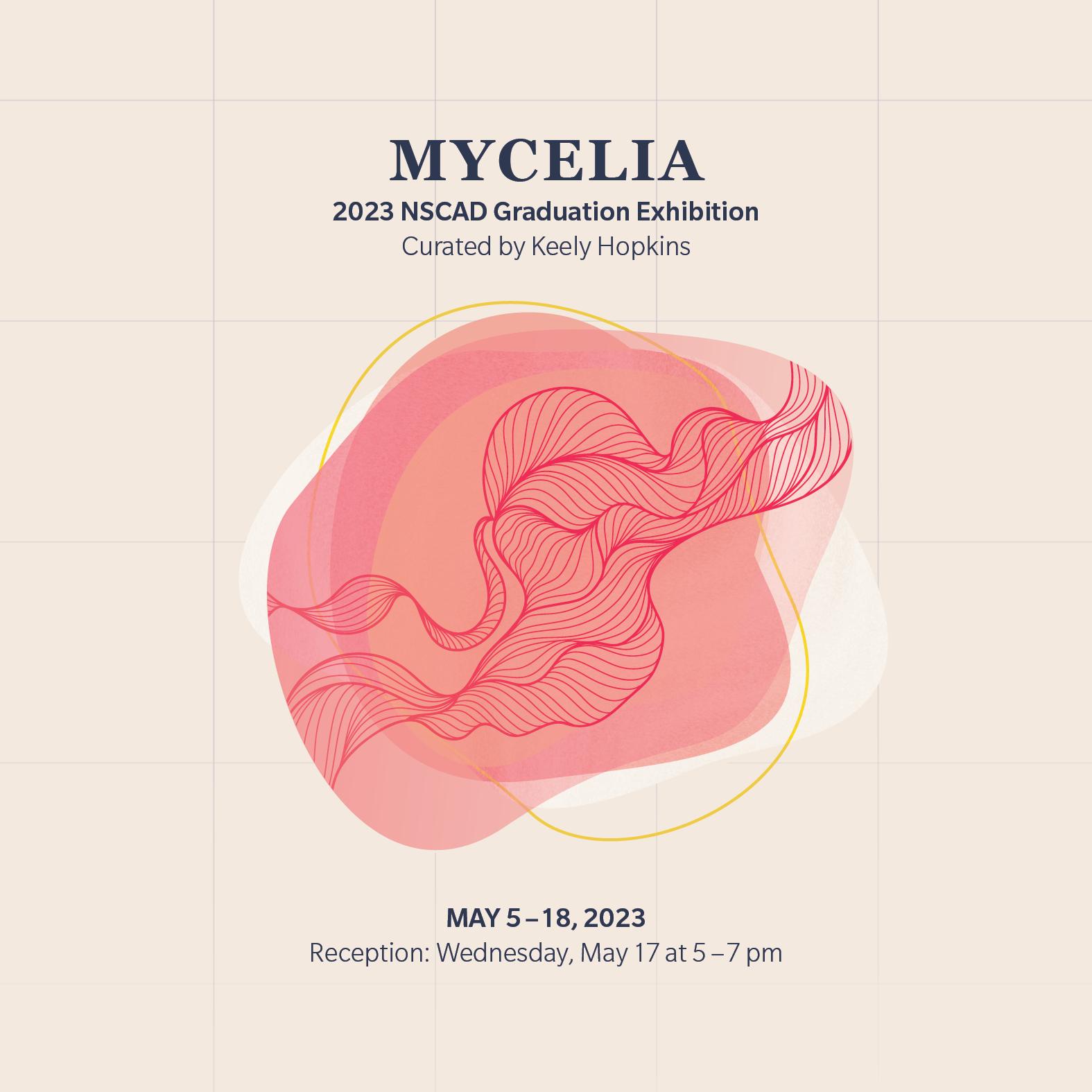 Beige background with grey grid. A coral pink organic shape in the middle with dark pink fine lines in wave shapes. : MYCELIA 2023 NSCAD SHOWCASE Graduation Exhibition Curated by Keely Hopkins MAY 5-18, 2023 Reception Wednesday May 17 at 5-7pm