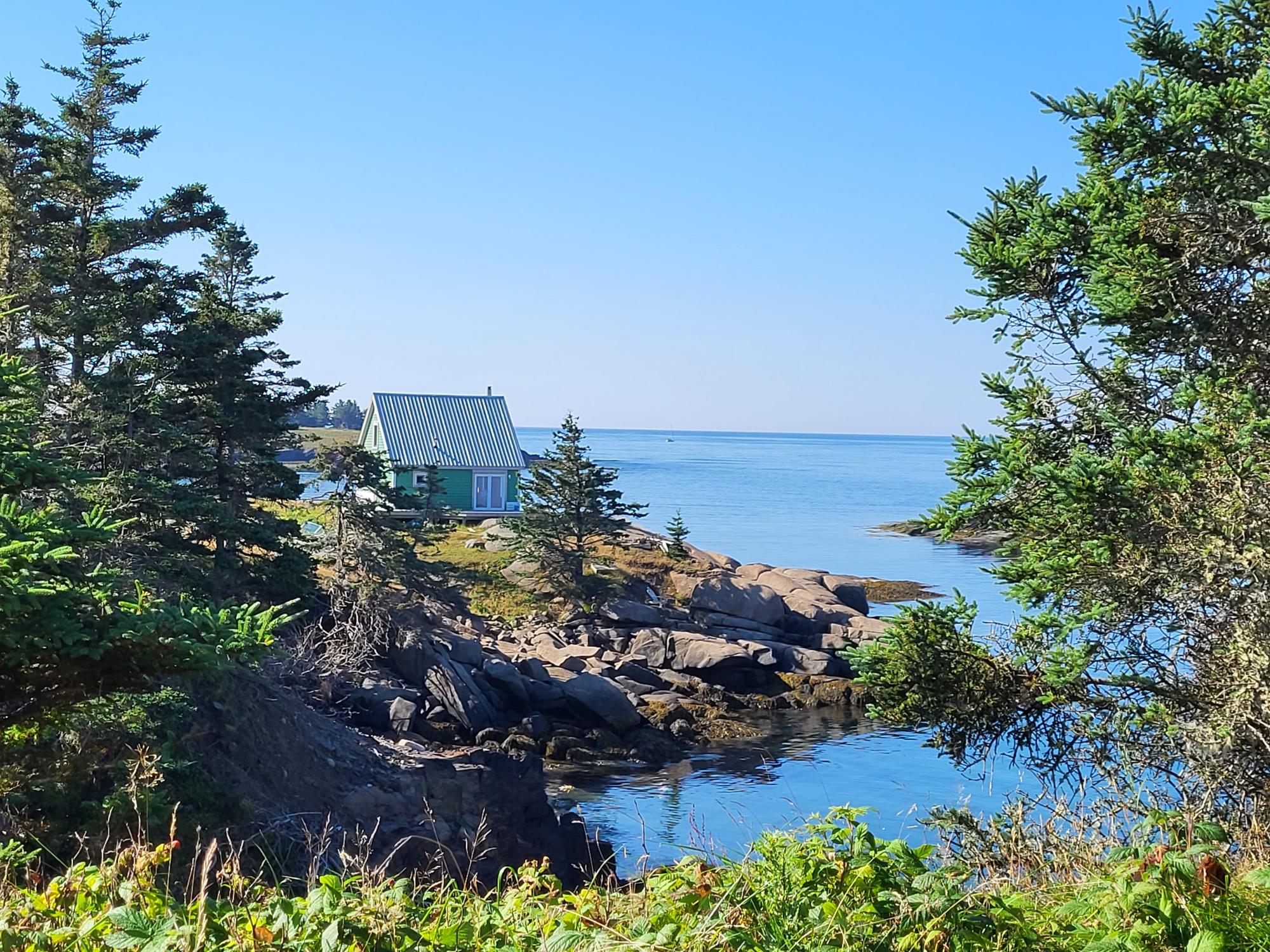 A photograph of a small green house sitting on a rocky and grassy island coast, surrounded by trees and deep blue sea.