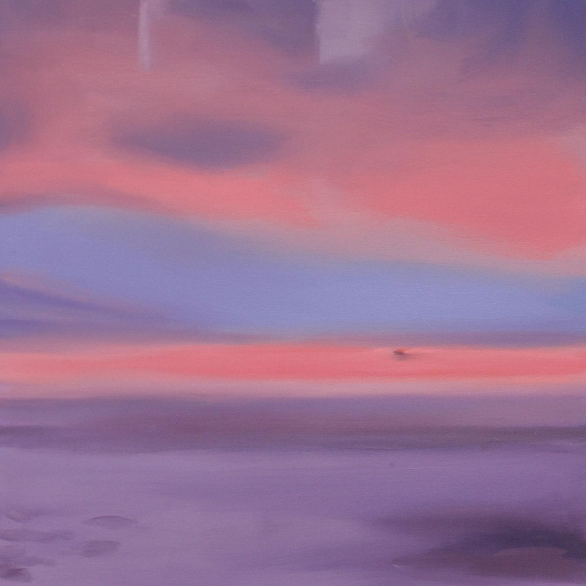 Displayed is a square photo of a rosy sunset as seen from the sky. The clouds are combinations of blues, violets and pinks.