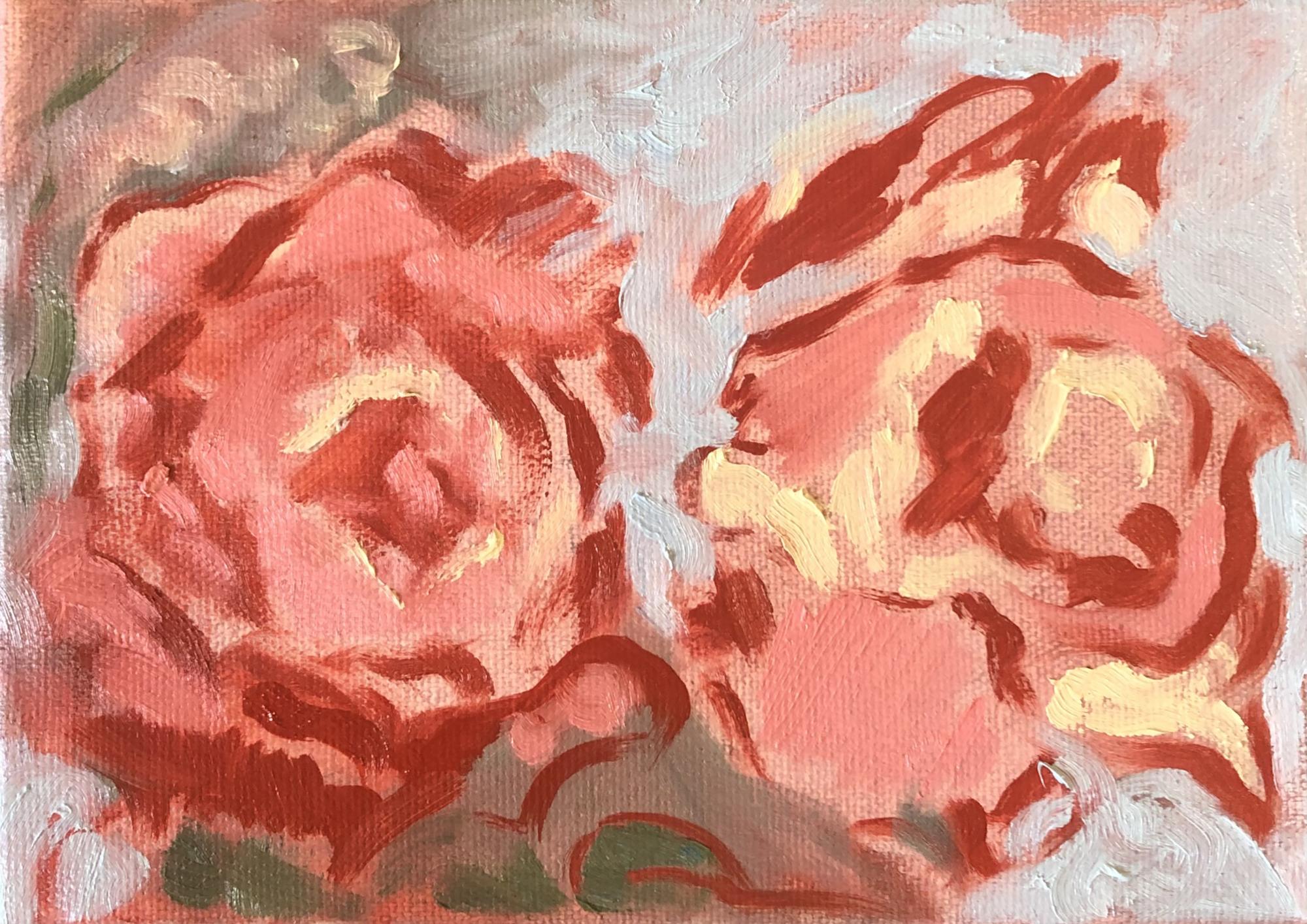 A gestural painting of two roses on a light blue and pink background. Red and pink brush strokes make up the flowers.