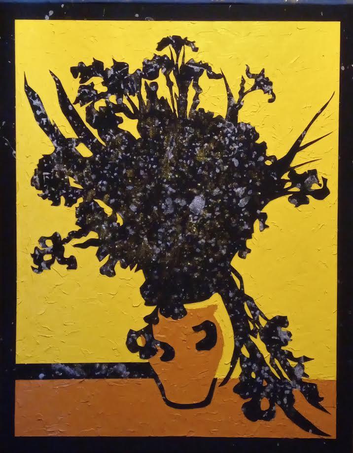 Dark silhouette of flowers in a brown vase on a brown table with bright yellow background.