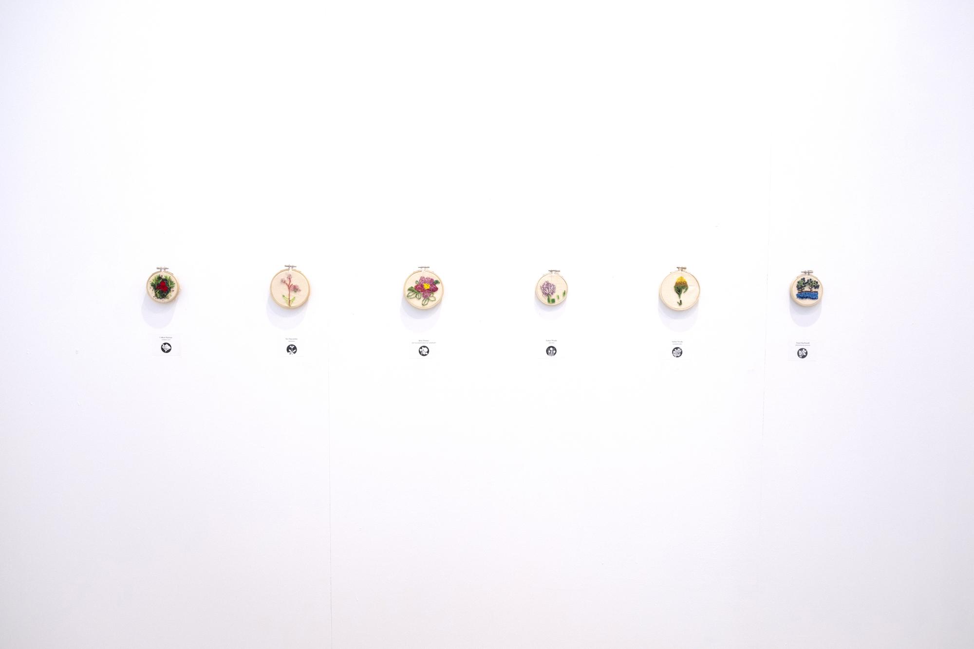 6 beaded pieces mounted in embroidery hoops hang on a white wall. They depict various plants and flowers