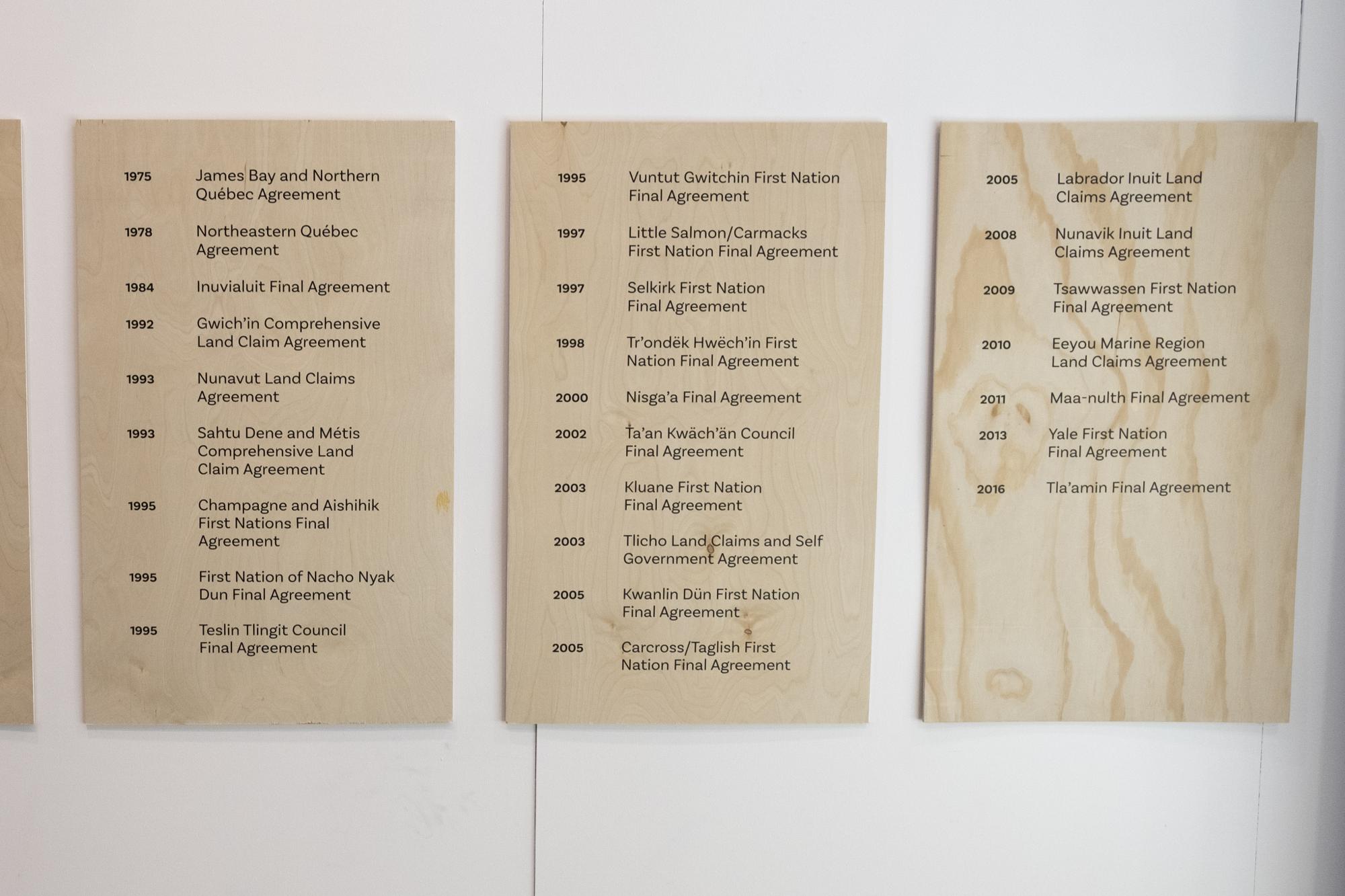 three wooden boards with black vinyl text listing treaties in North America from 1975-2016