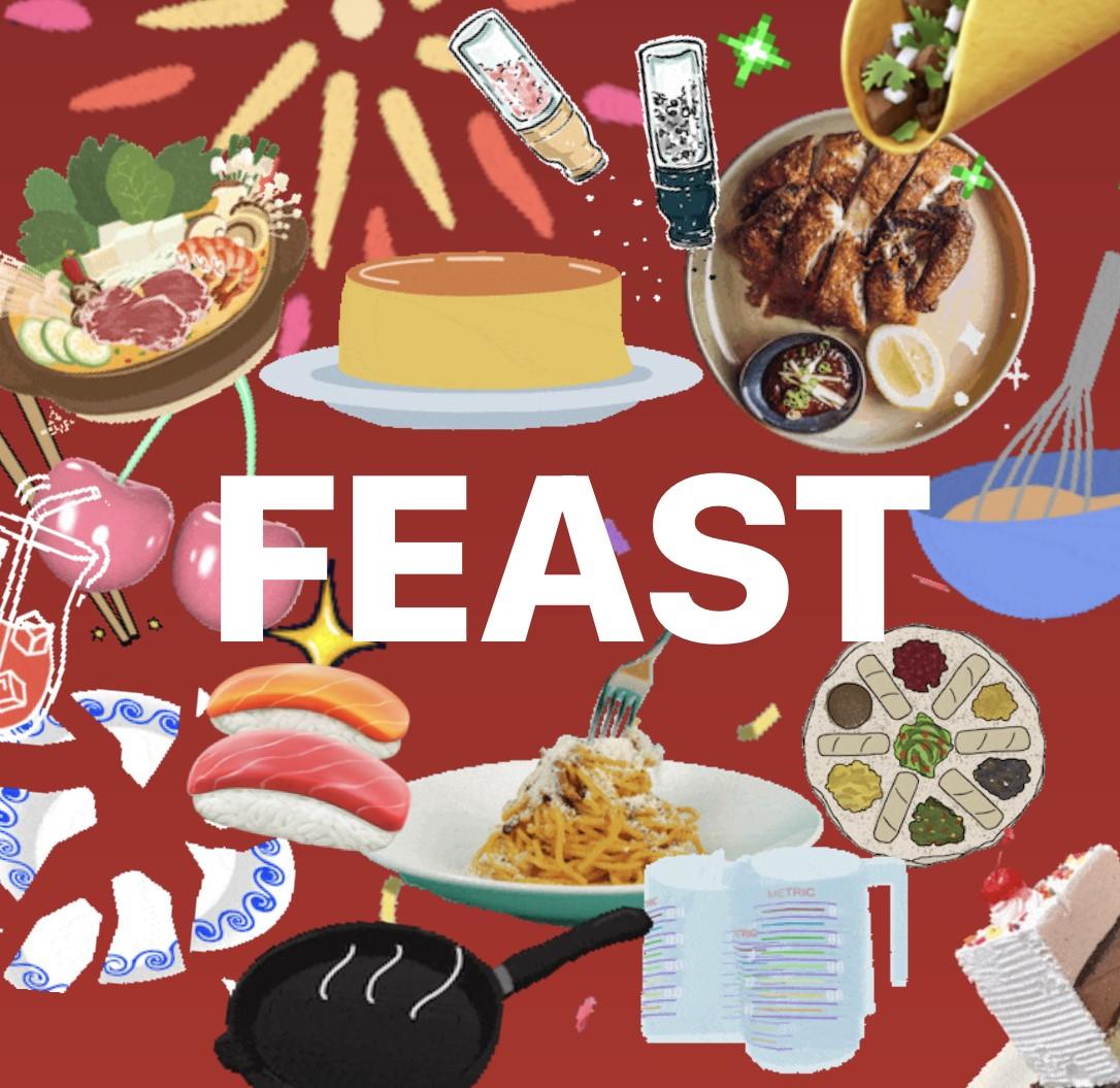 "FEAST" on a collaged background