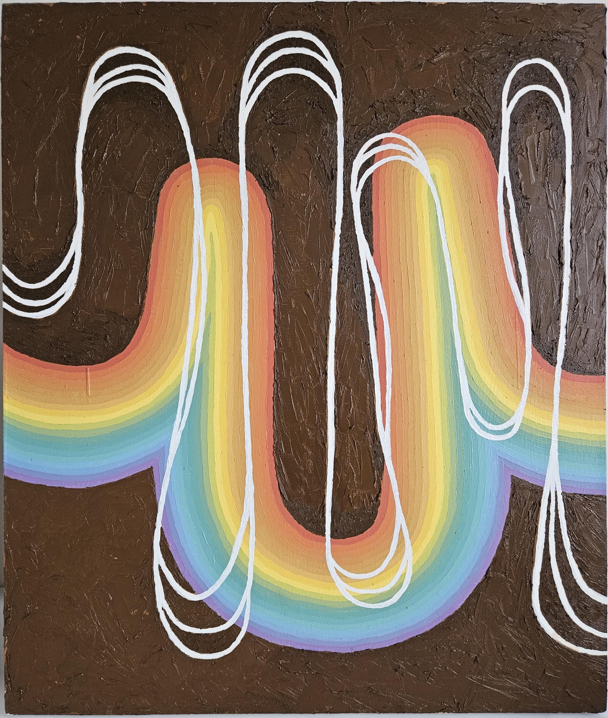 A rainbow stripe with two vertical curved peaks, curved white lines lay over top, the background is brown and textured. 
