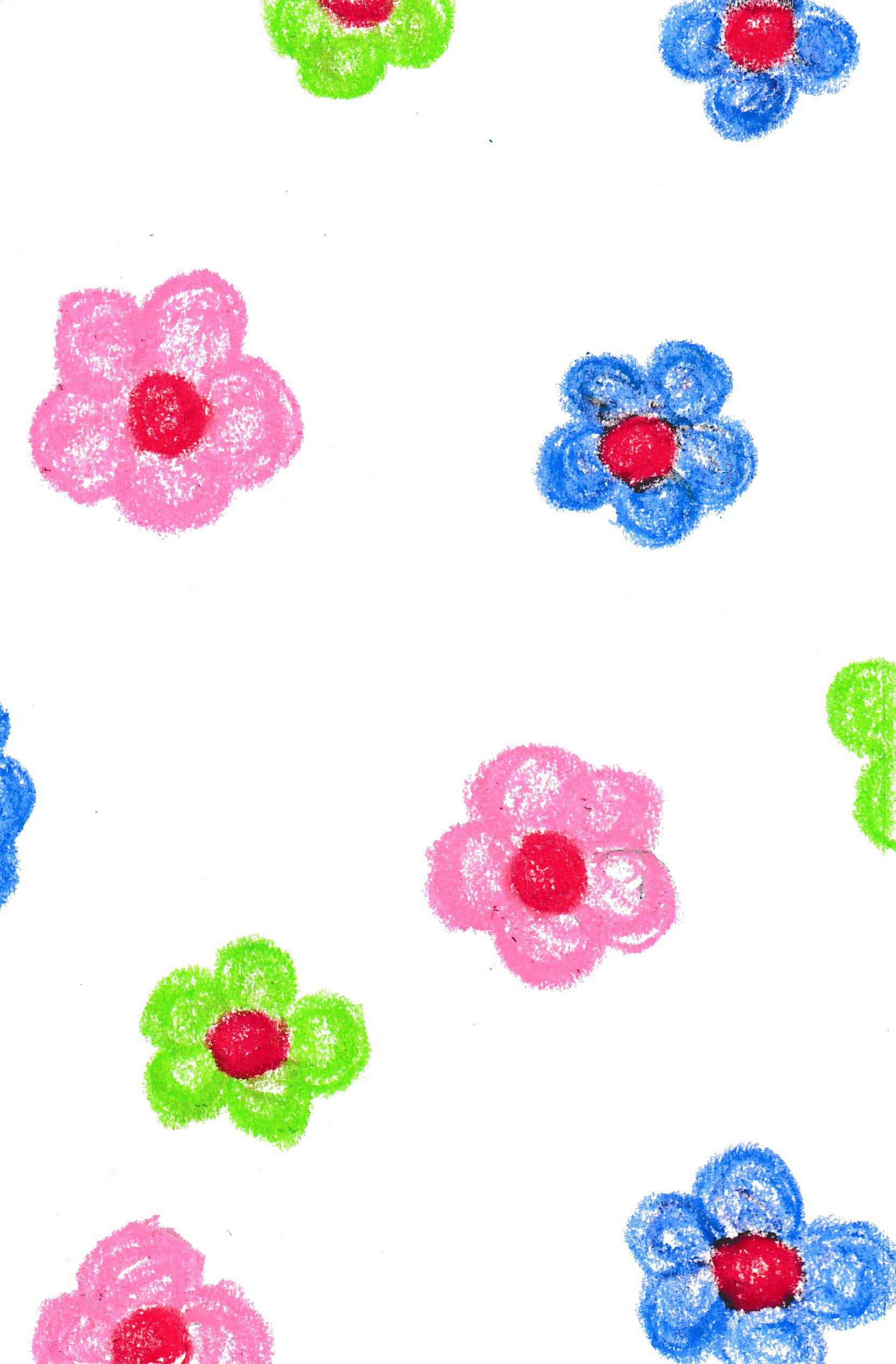 Lime green, dark blue, and baby pink hand drawn flowers with red centers scattered across a white background.