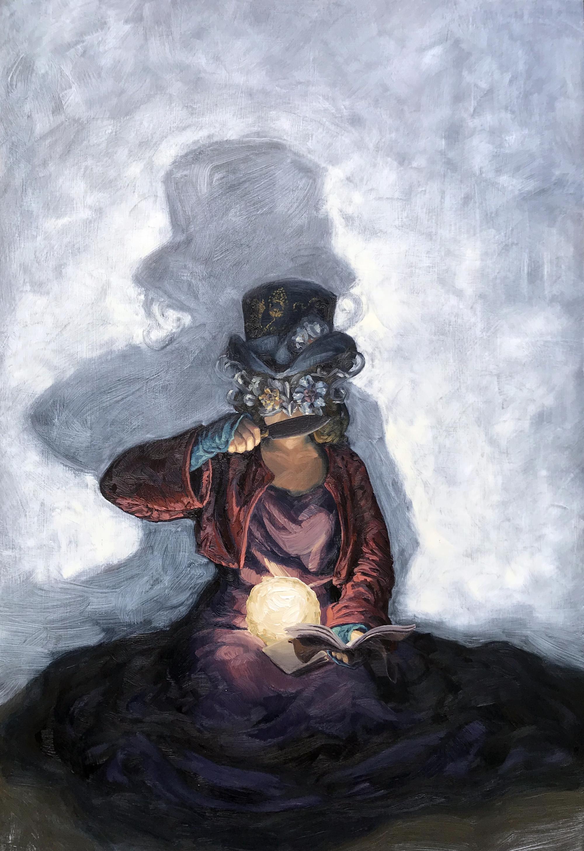 A figure wearing a top hat and a mask sits in the center of the painting, casting a large shadow against a white background.
