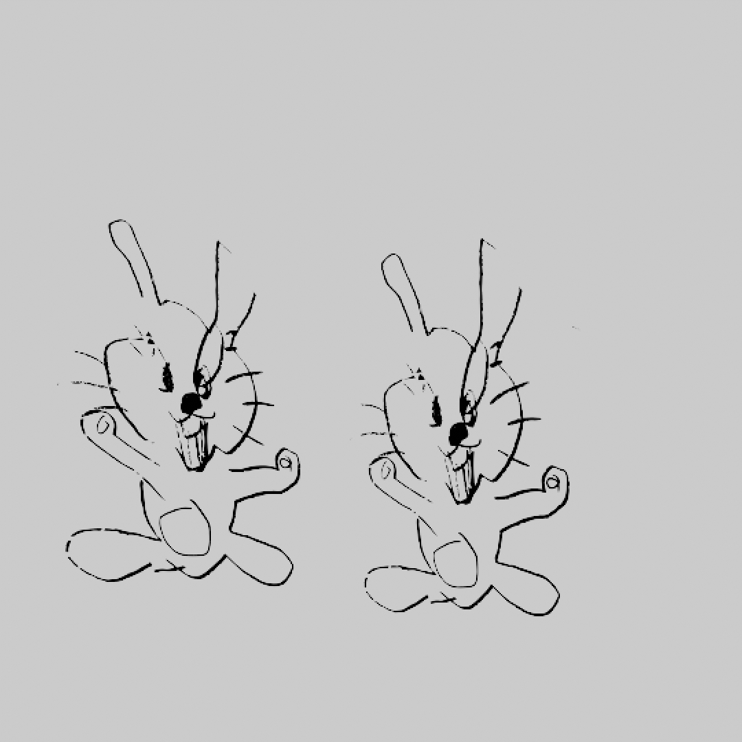 Loose drawing of a a bunny illustrated by Gavin Snow, repeated twice with slight distortion to the proportions of the drawing