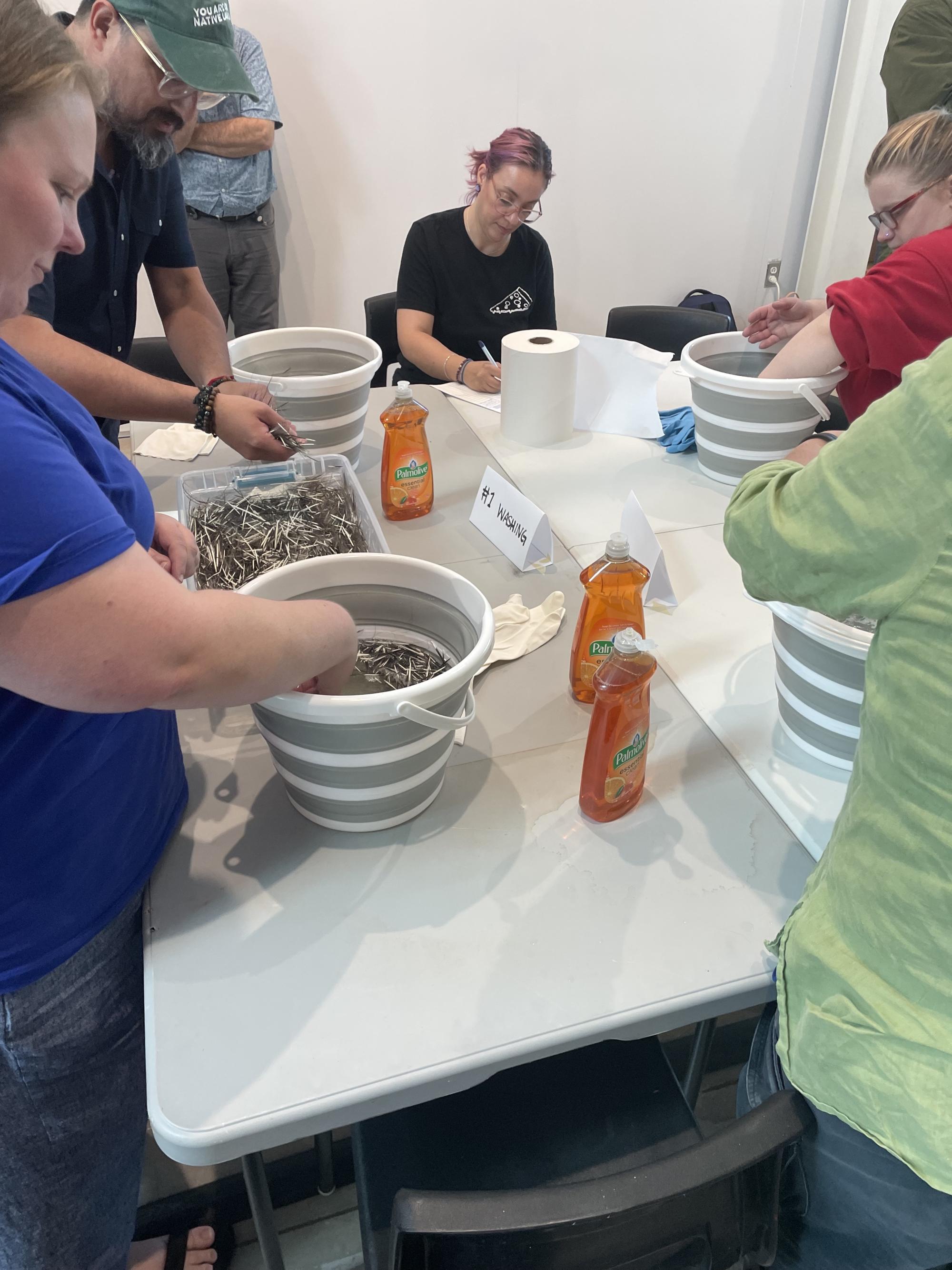 [ID: "Workshop participants washing porcupine quills in buckets of warm soapy water to prepare to make quillwork art."] 