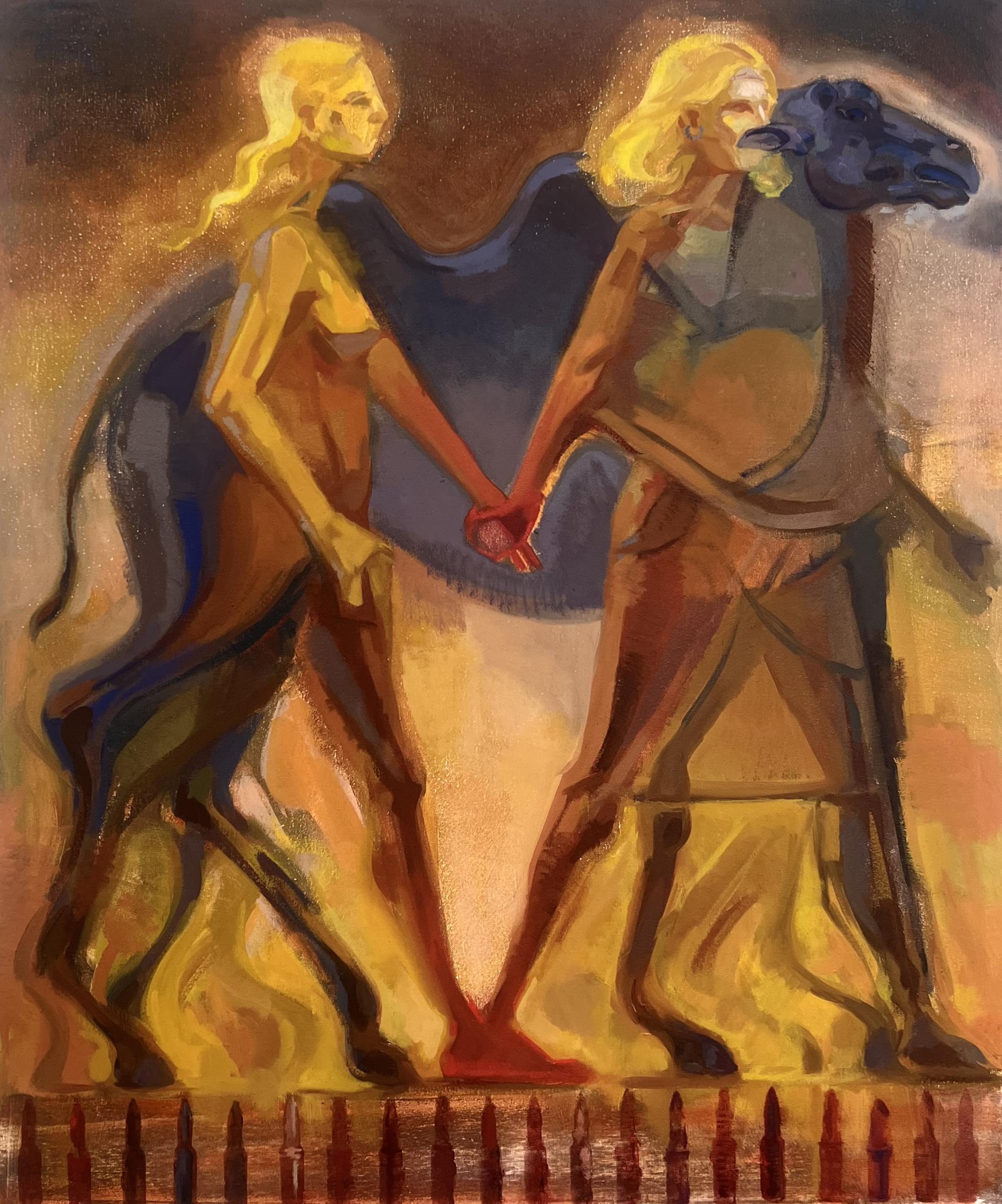 Two figures holding hands, with a camel in the background