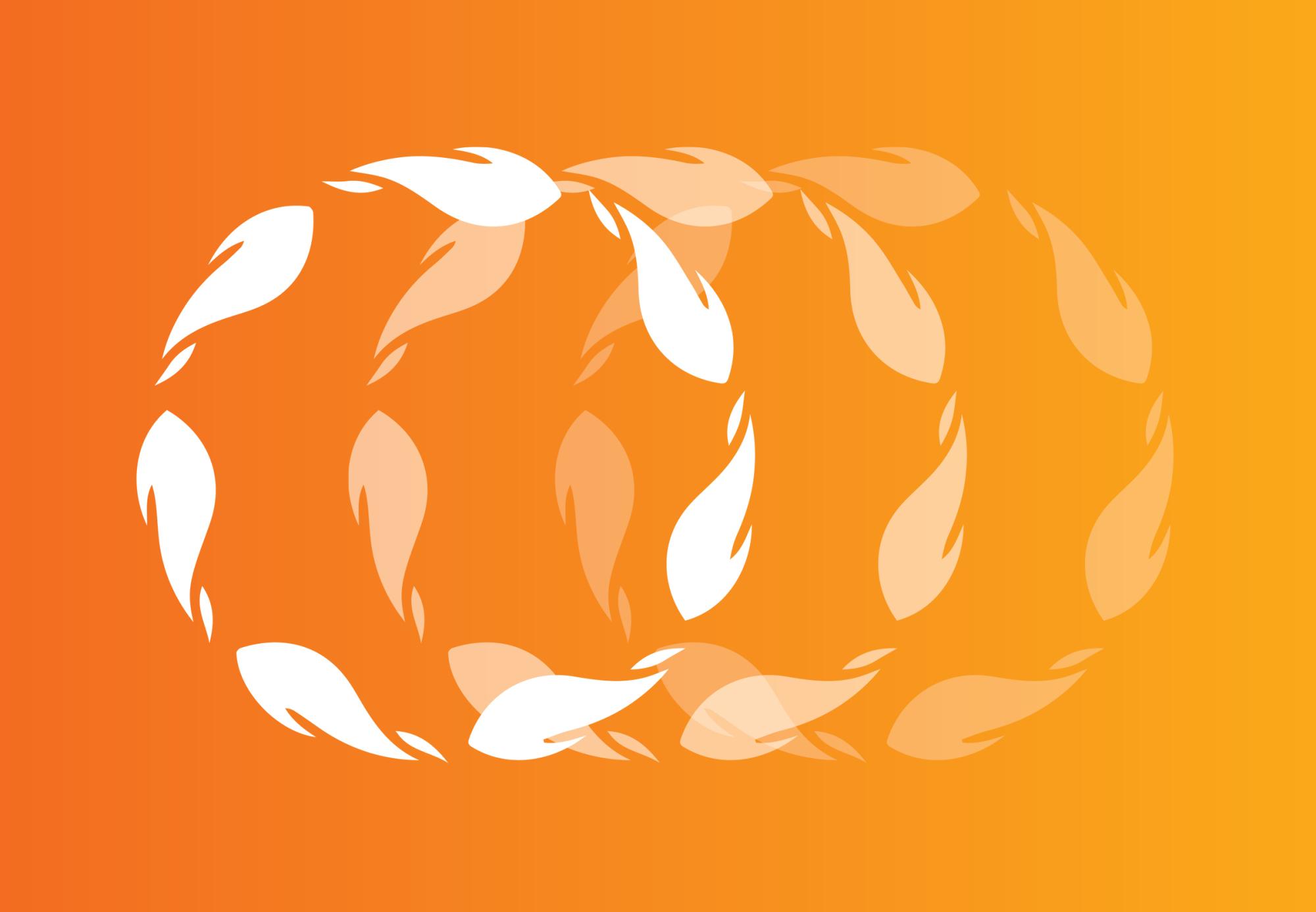 [ID: "TRC logo in white overlapping in various opacities on an orange ombre background."]