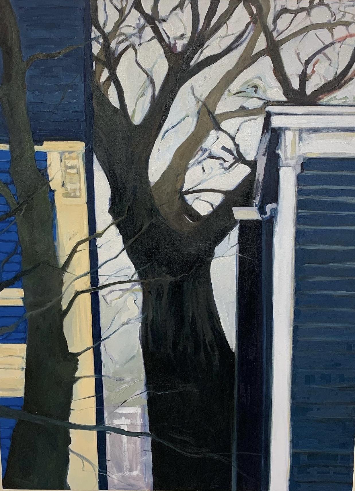 Oil painting of a tree between two buildings with blue siding. A winter landscape in Halifax. 