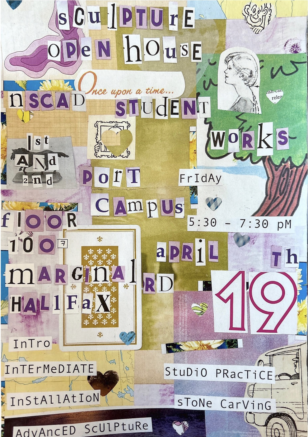 collage poster with details of open house event, pastel yellows, grees, purples, and blues