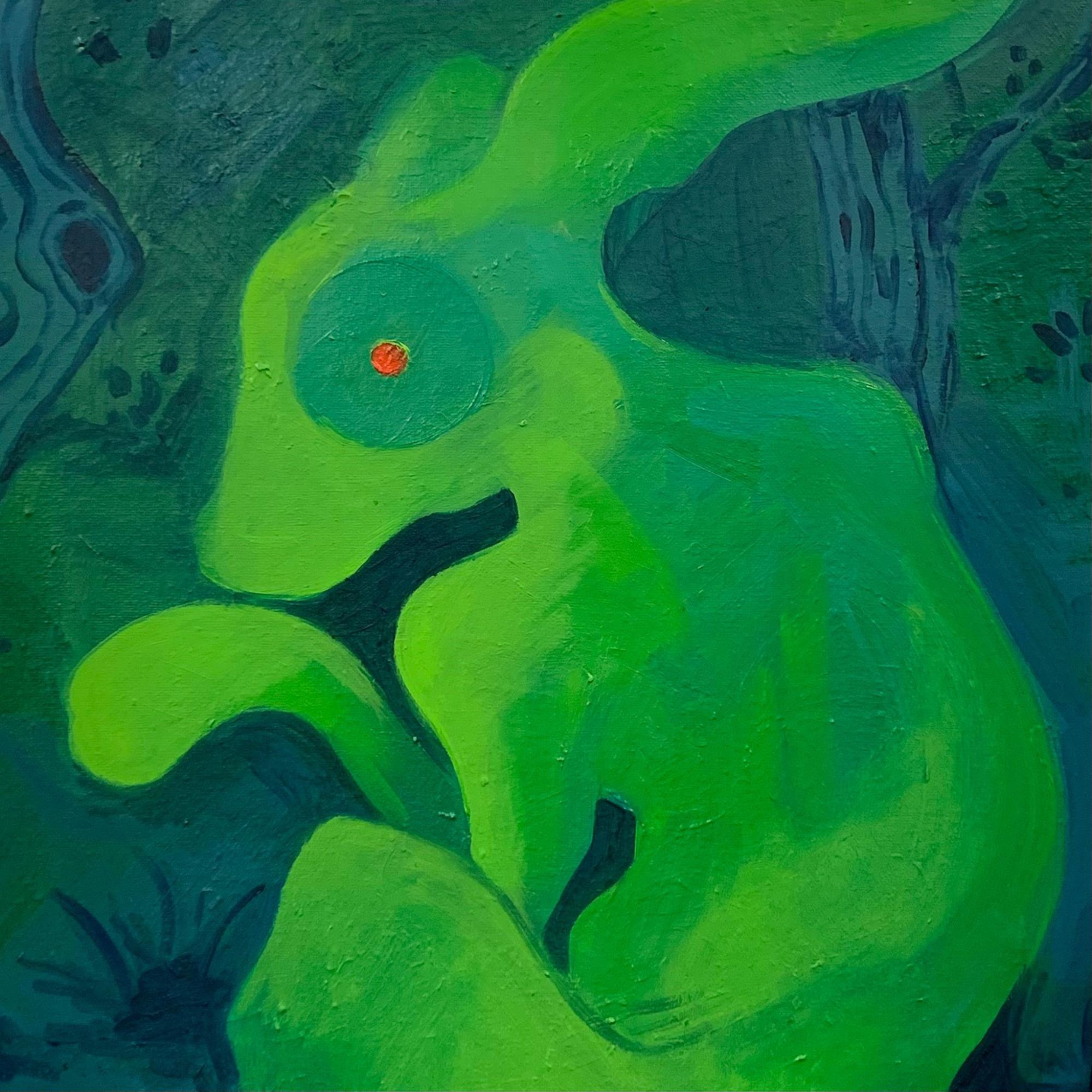 Bright green bunny with red pupil in blue forest, turning to face viewer with wary expression, as if being chased.