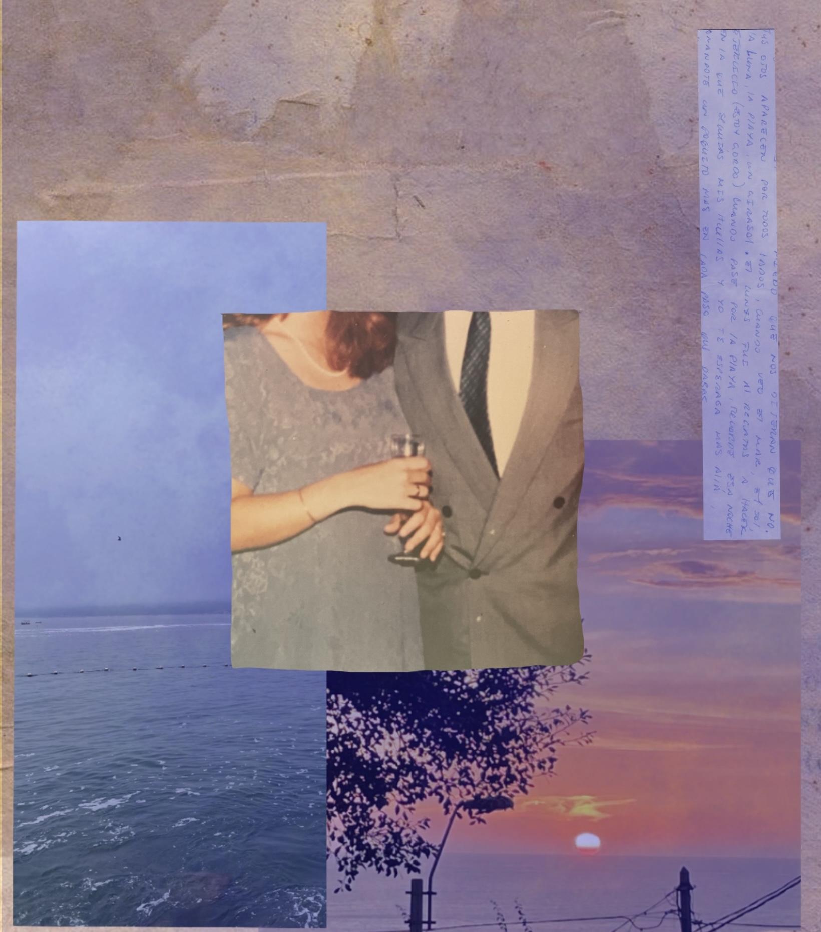 Collage of photographs including the ocean, a sunset, part of a letter and the bodies of a couple dressed in formal wear.