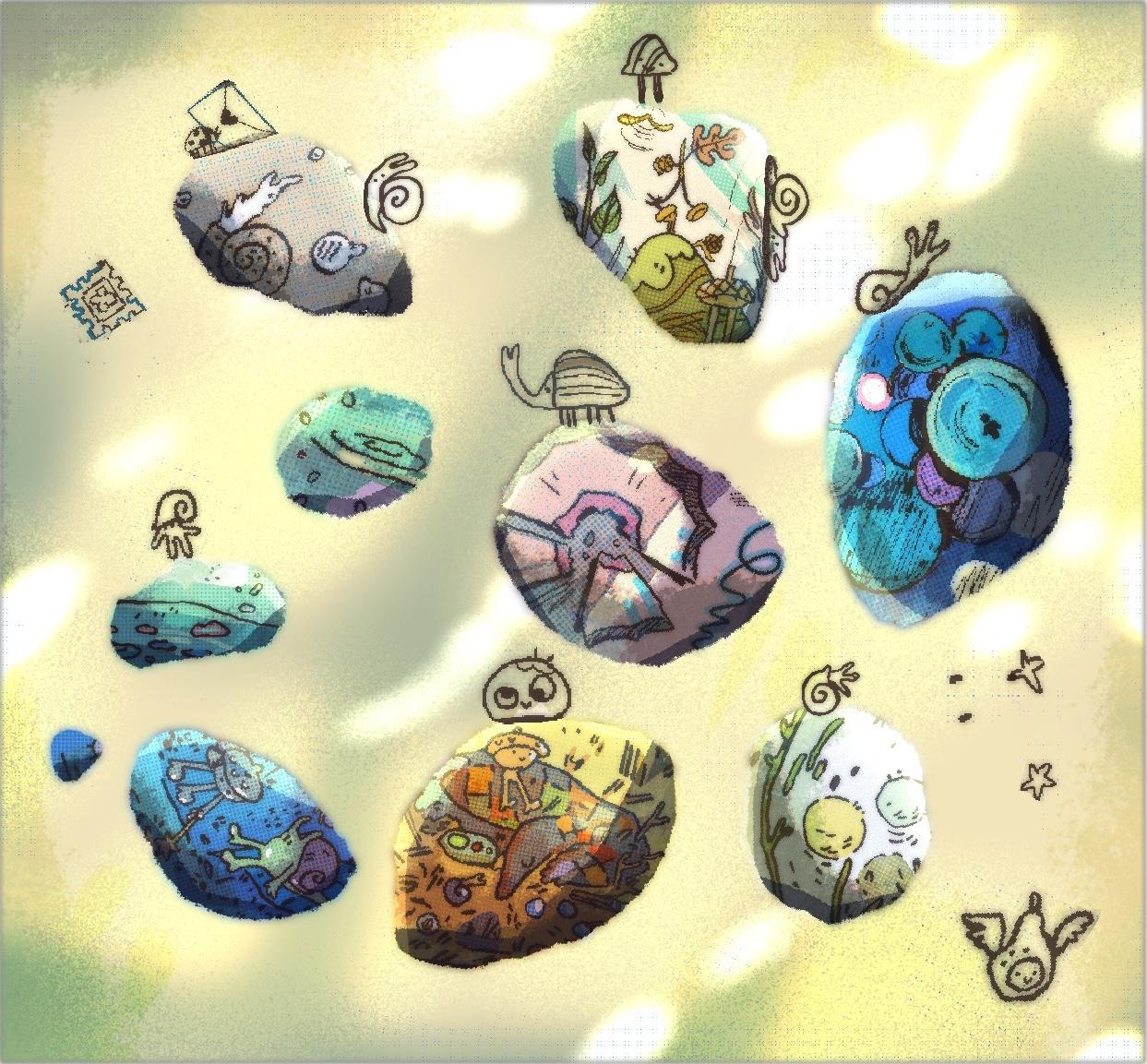 A digital rendering of nine colourful stones on a background of yellow light, each housing the happenings of small beings.