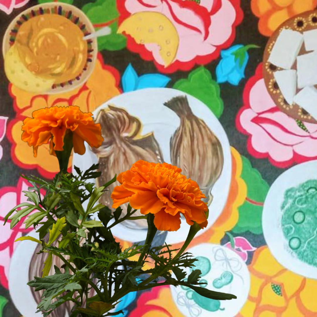 Photo of two marigold flowers in front of a painting. The background painting varies in patterns which was painted by Pedro Hernandez Antonio (One of the featured artists at this exhibition). 