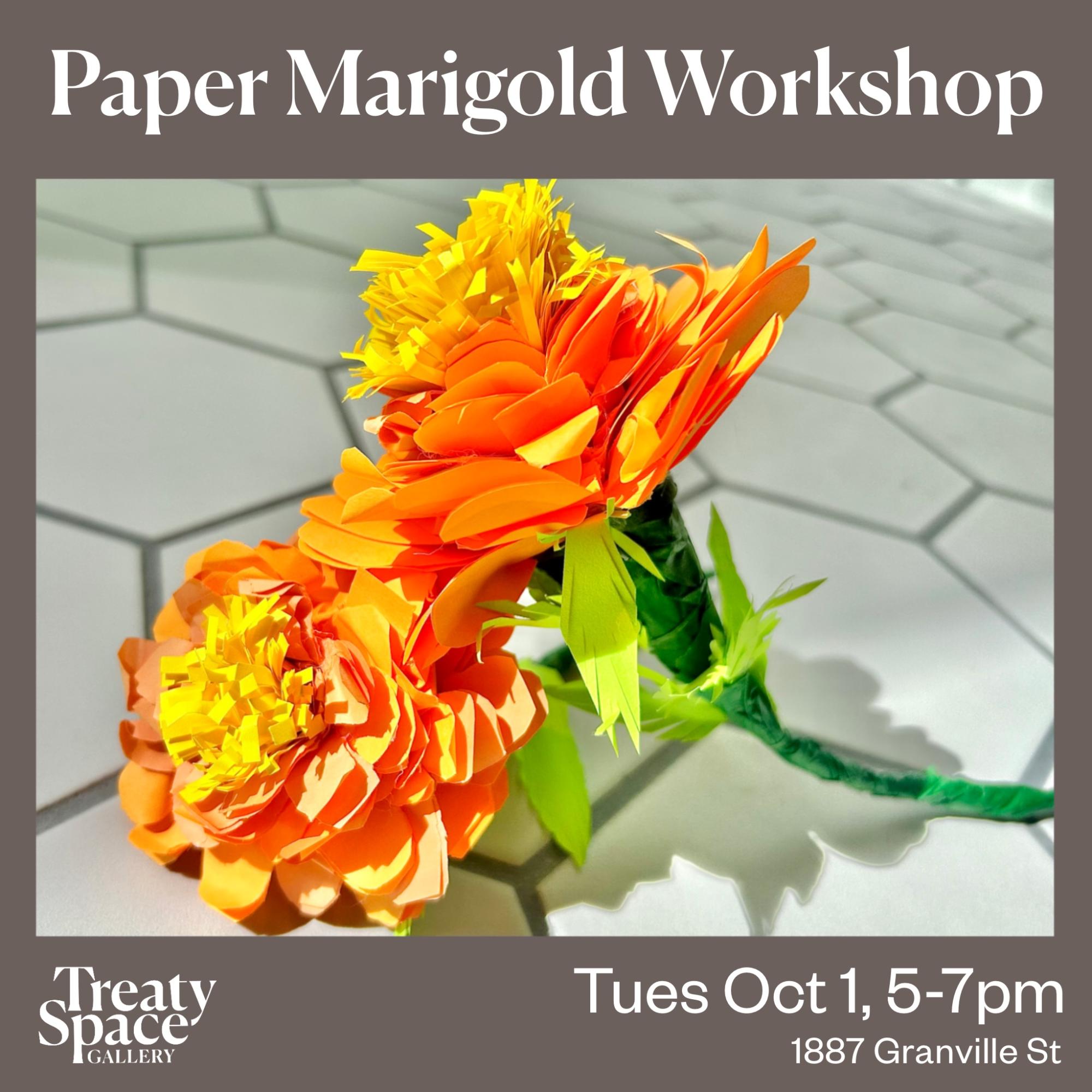 Paper Marigold Workshop promo photo. Photo of two paper marigolds, one laying on top of another. 