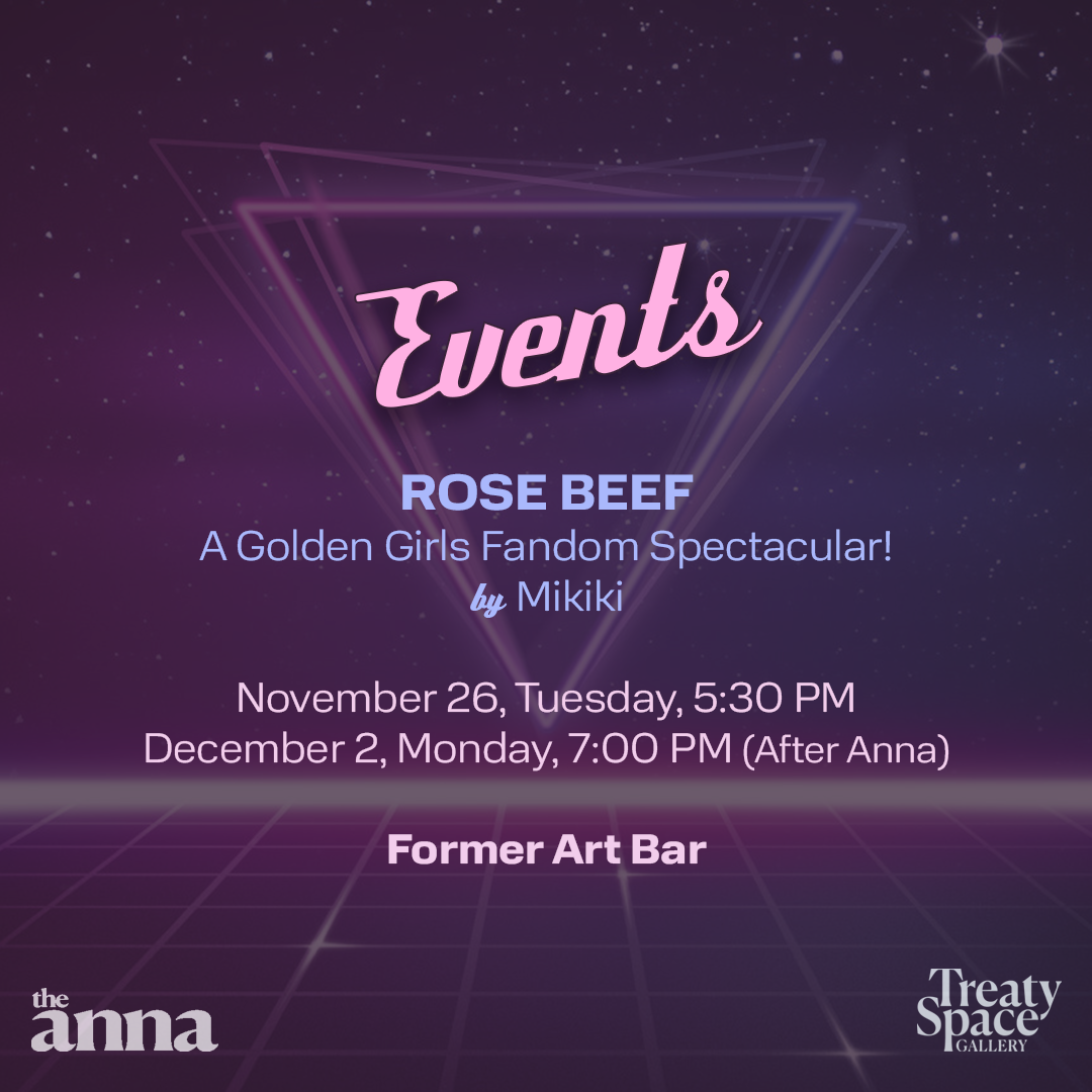 The image features a graphical user interface of a website promoting an event titled "ROSE BEEF: A Golden Girls Fandom Spectacular!" organized by Mikiki. It includes details about the event's dates and location, specifically on November 26 at 5:30 PM and December 2 at 7:00 PM, taking place at Former Art Bar. The design incorporates various text elements along with graphical elements related to graphics and astronomy.