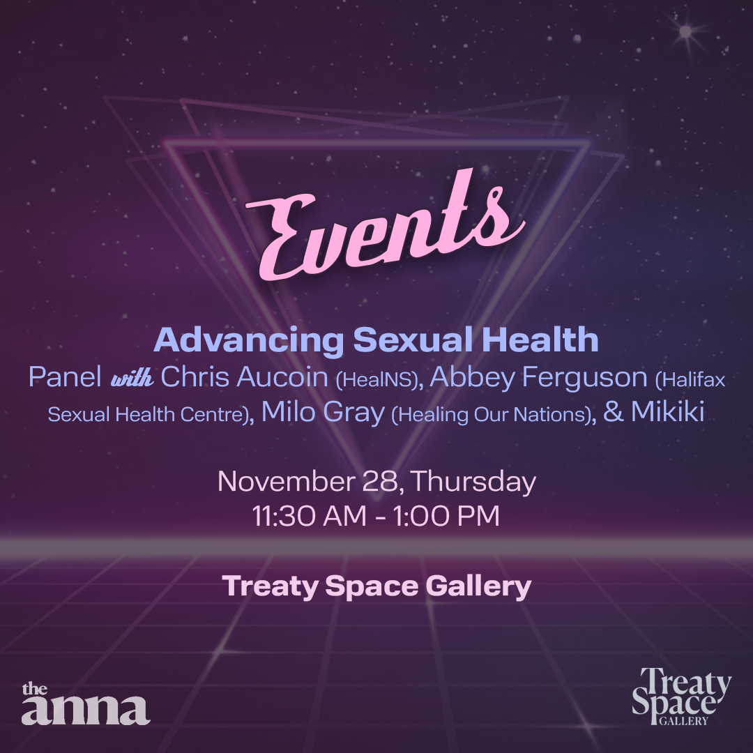 The image featuring an event titled "Advancing Sexual Health." It includes a panel with speakers Chris Aucoin, Abbey Ferguson, Milo Gray, and Mikiki. The event is scheduled for November 28, Thursday, from 11:30 AM to 1:00 PM at the Treaty Space Gallery.