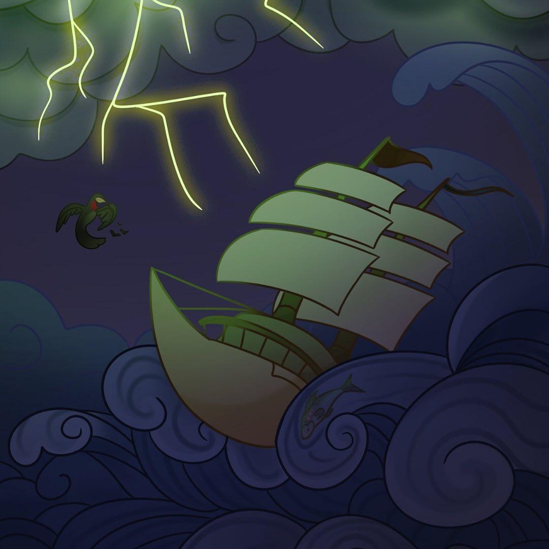 Digital illustration of a ship with large sails passing through a storm on the ocean. Lightning strikes next to a bird in the upper left corner.