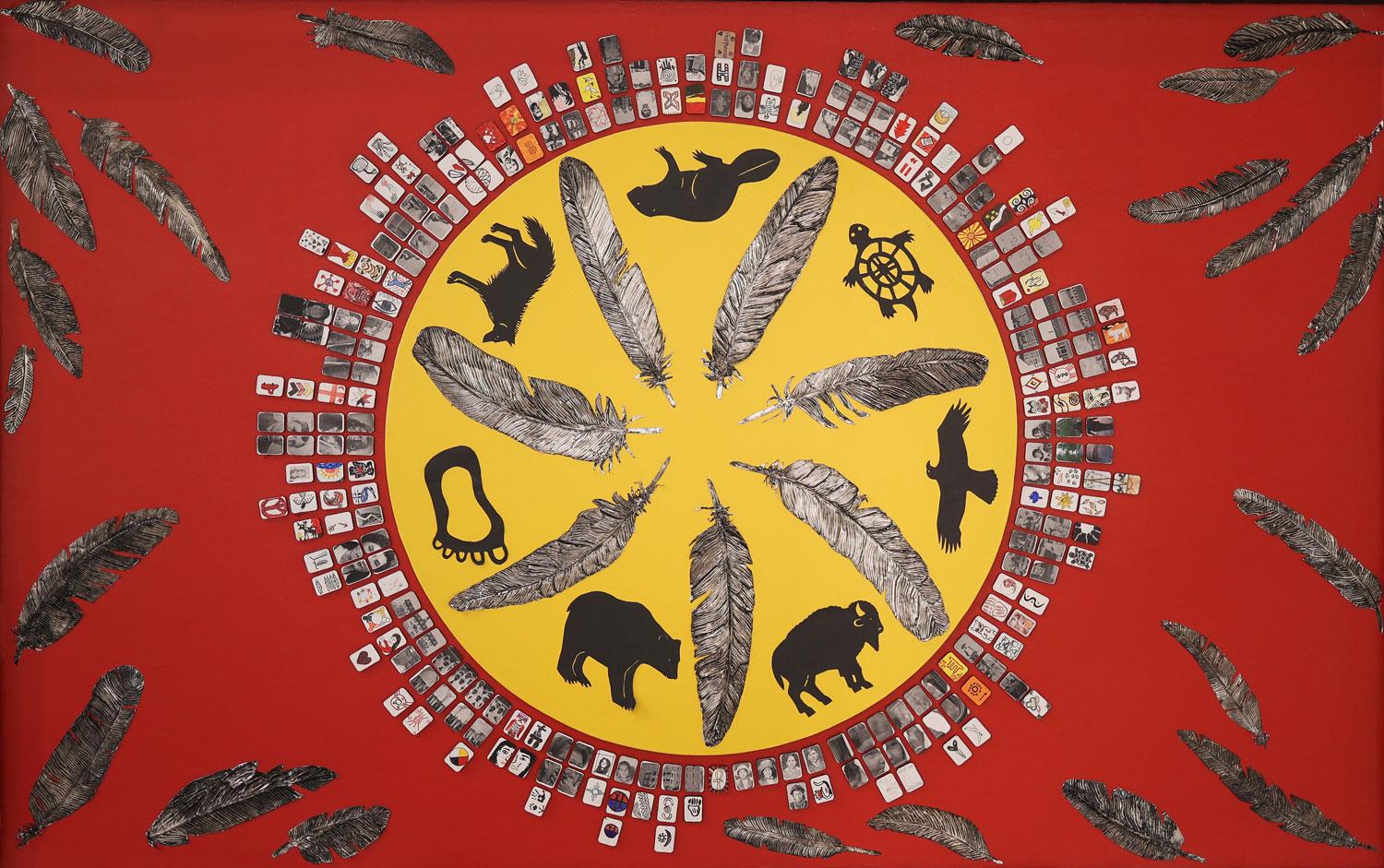 An artistic depiction showcasing a circle of feathers intertwined with diverse animals, symbolizing unity and nature.