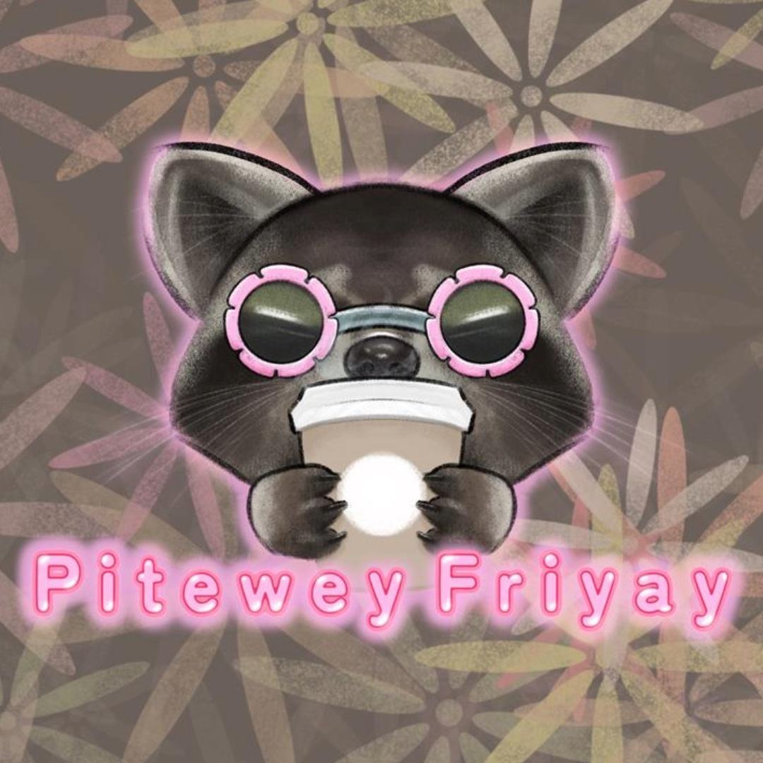 Illustration of a raccoon wearing flower sunglasses, with a coffee cup. Flower pattern behind the character and text in the front saying "Pitewey Friyay"